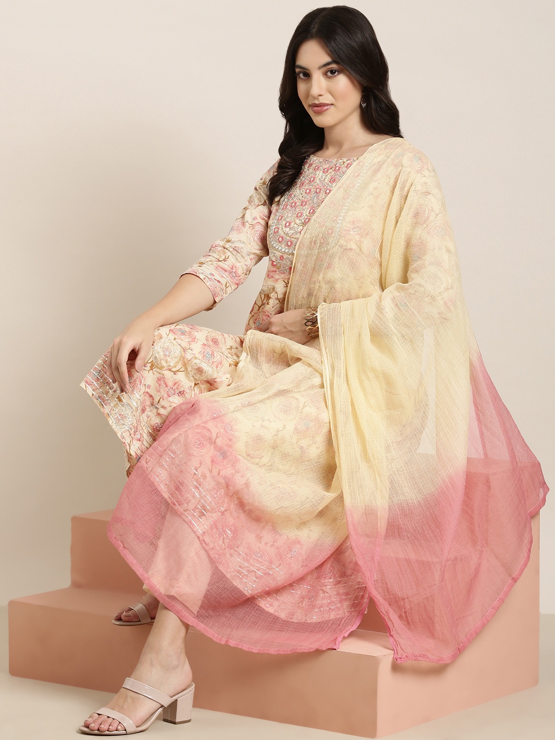 SHOWOFF Yoke Design Printed Gotta Patti Kurta with Trousers & With Dupatta, Cream
SHOWOFF Yoke Design Printed Gotta Patti Kurta with Trousers & With Dupatta, Cream