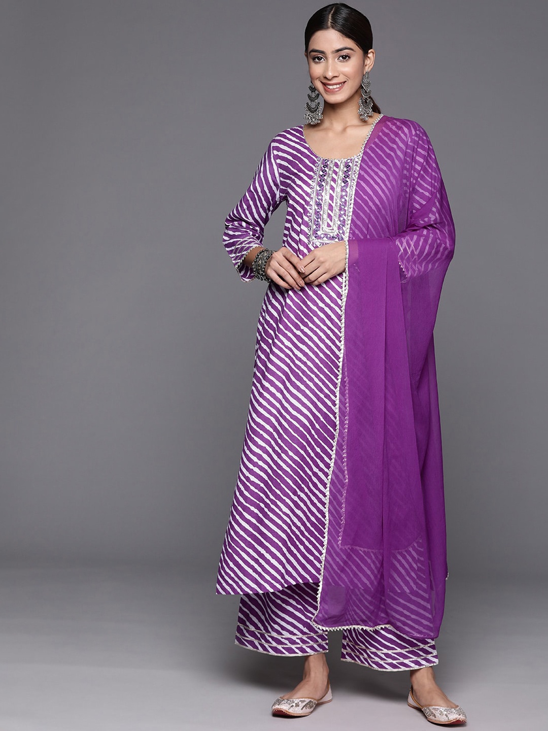 KALINI Leheriya Striped Regular Mirror Work Pure Cotton Kurta With Palazzos & Dupatta, Purple
KALINI Leheriya Striped Regular Mirror Work Pure Cotton Kurta With Palazzos & Dupatta, Purple