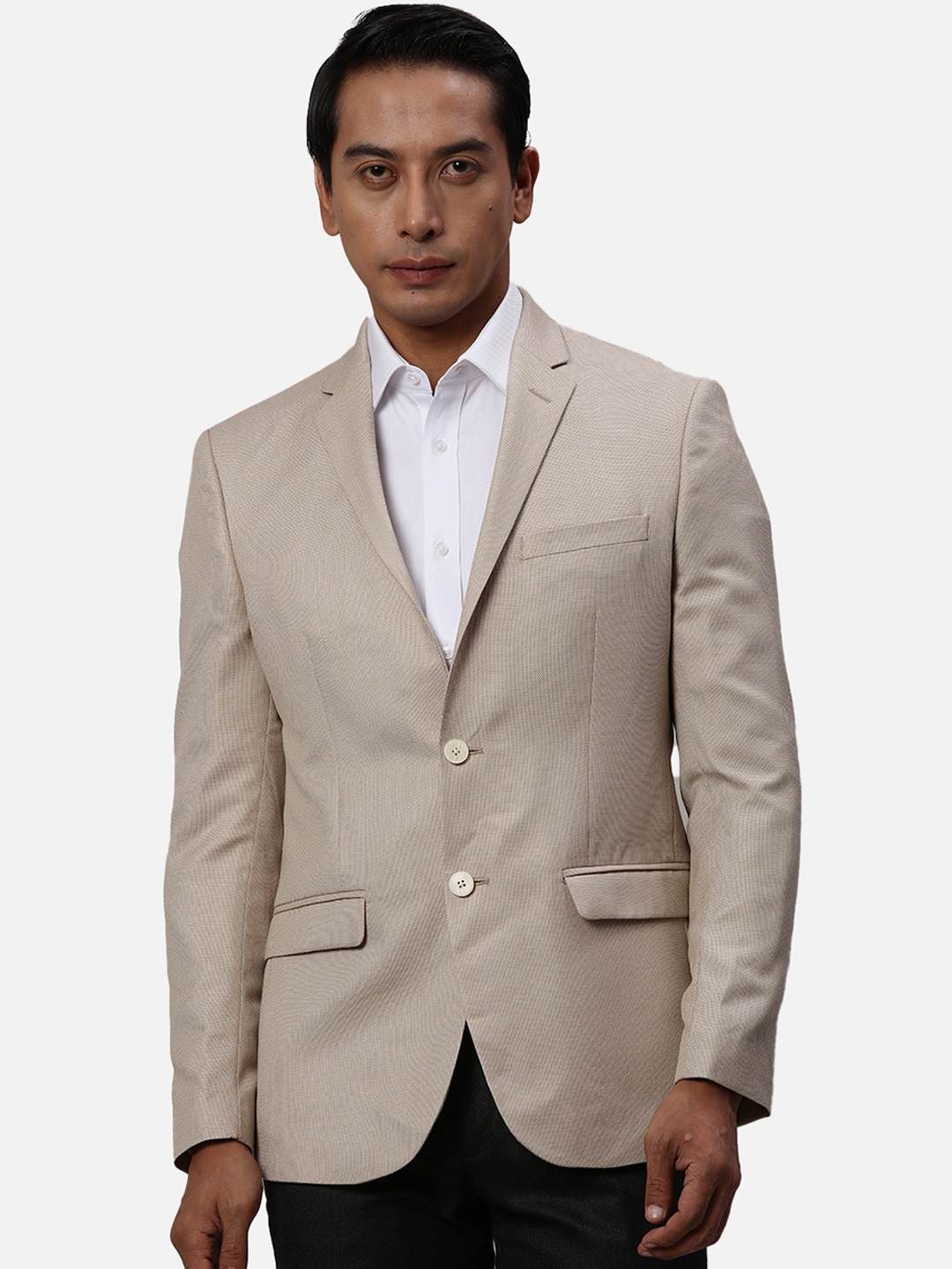 Park Avenue Self-Design Slim-Fit Single Breasted Formal Blazer, Beige