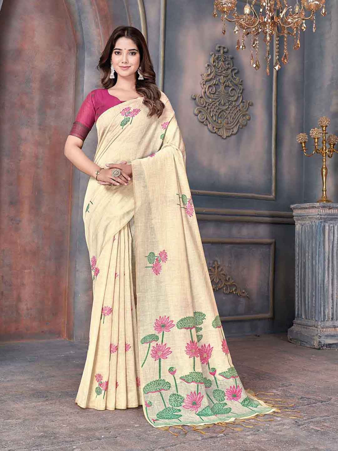 V3 FASHION STUDIO Woven Design Floral Printed Pure Cotton Banarasi Saree With Tassels, Cream
V3 FASHION STUDIO Woven Design Floral Printed Pure Cotton Banarasi Saree With Tassels, Cream