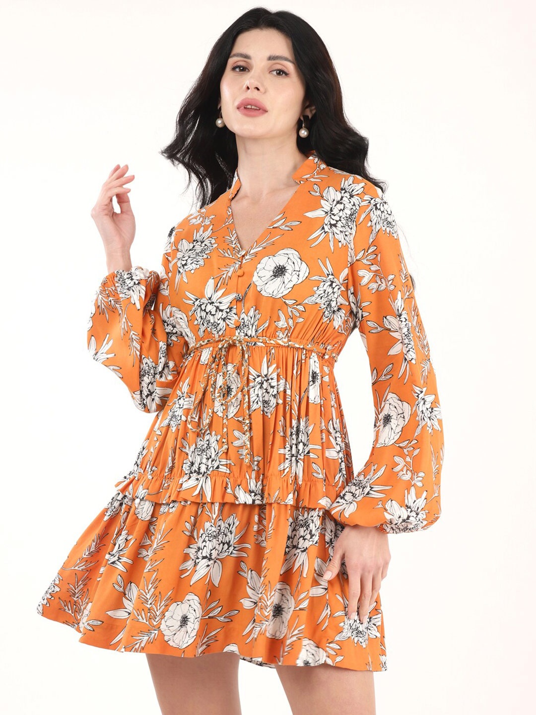 By The Bay Floral Printed Mandarin Collar Puff Sleeves Gathered Tiered Fit & Flare Dress, Orange
By The Bay Floral Printed Mandarin Collar Puff Sleeves Gathered Tiered Fit & Flare Dress, Orange