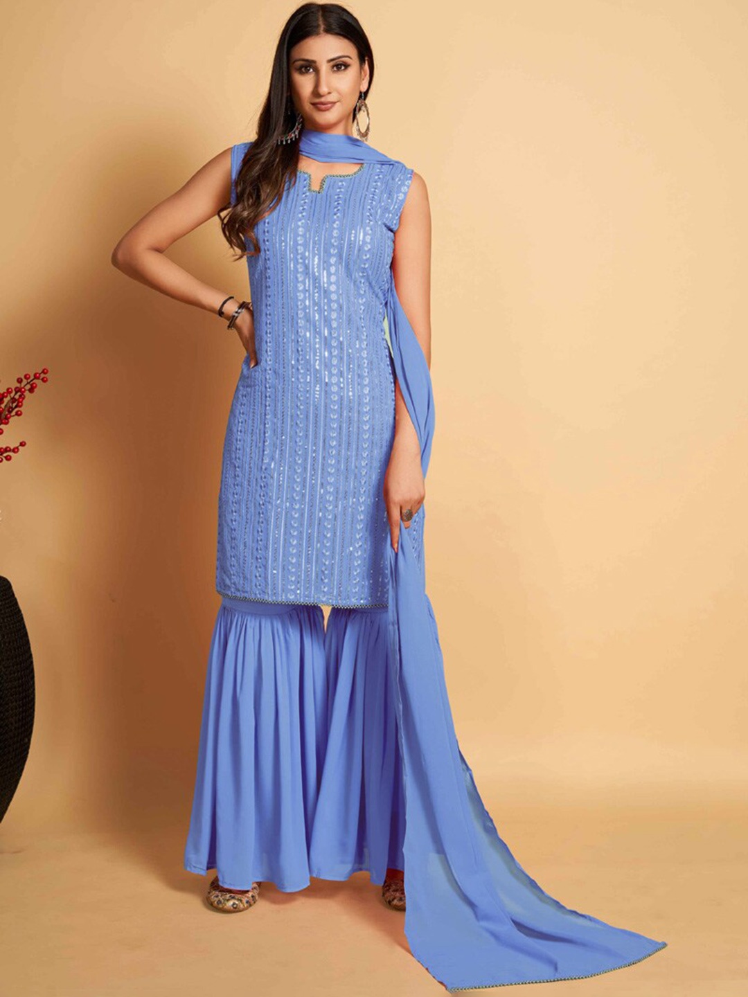 ASISA Floral Embroidered Sequinned Round Neck Straight Kurta with Sharara & Dupatta, Blue
ASISA Floral Embroidered Sequinned Round Neck Straight Kurta with Sharara & Dupatta, Blue