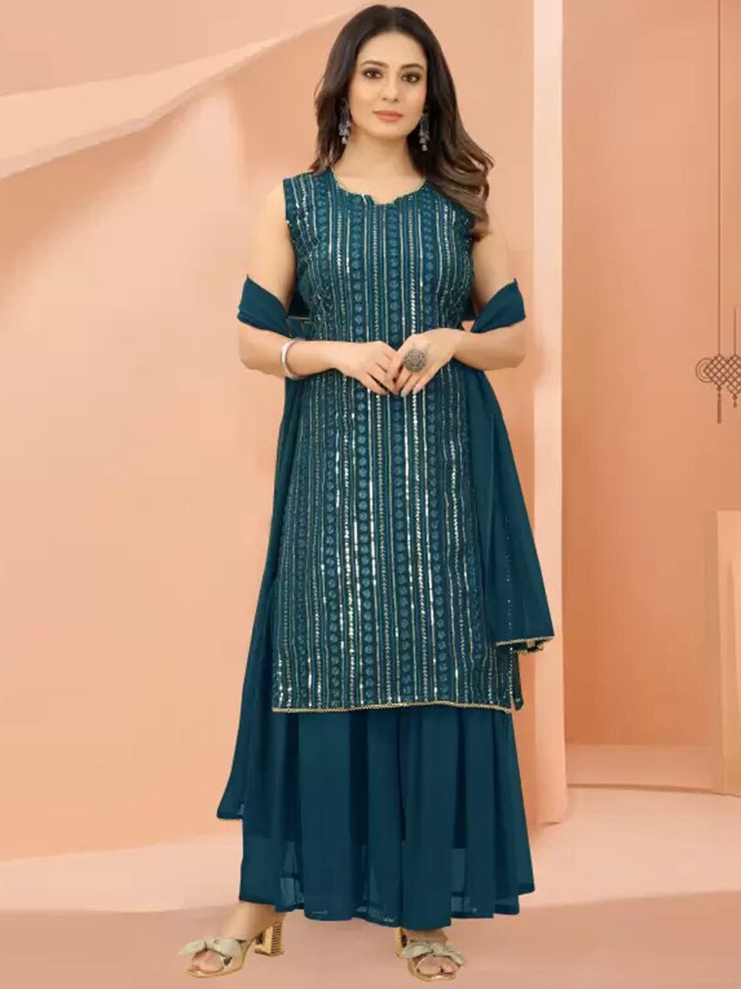 ASISA Floral Embroidered Sequinned Round Neck Straight Kurta with Sharara & Dupatta, Teal
ASISA Floral Embroidered Sequinned Round Neck Straight Kurta with Sharara & Dupatta, Teal