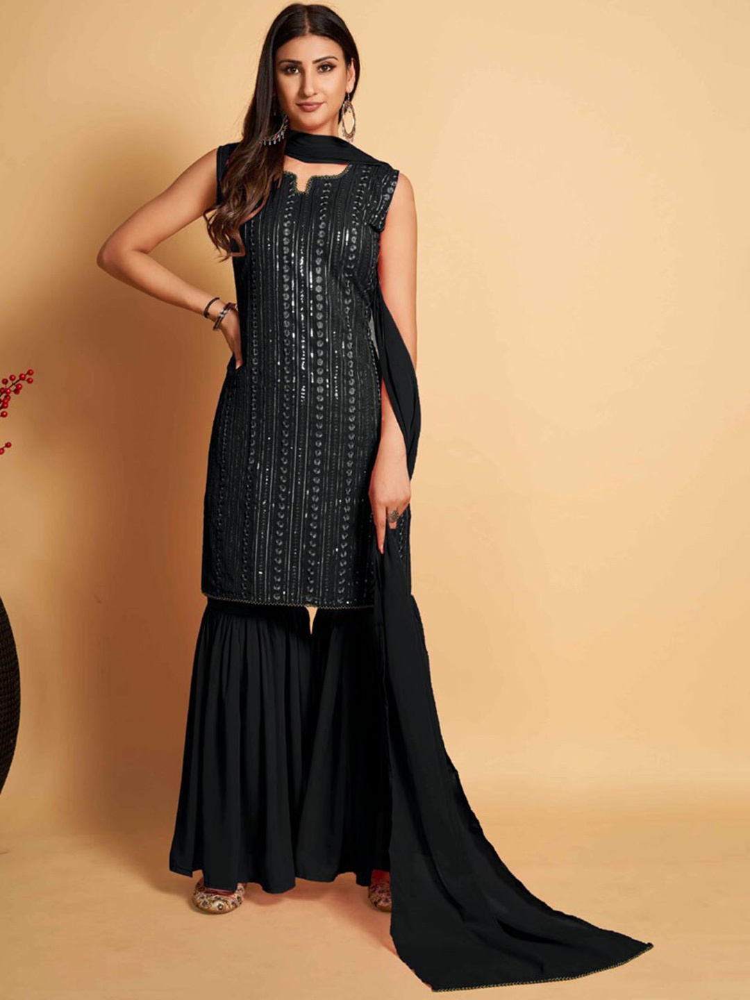 ASISA Floral Embroidered Sequinned Round Neck Straight Kurta with Sharara & Dupatta, Black
ASISA Floral Embroidered Sequinned Round Neck Straight Kurta with Sharara & Dupatta, Black