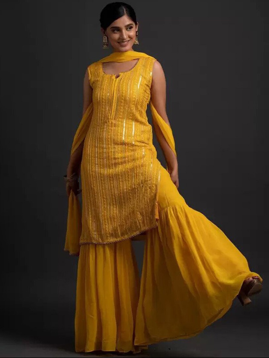 ASISA Floral Embroidered Sequinned Round Neck Straight Kurta with Sharara & Dupatta, Yellow
ASISA Floral Embroidered Sequinned Round Neck Straight Kurta with Sharara & Dupatta, Yellow