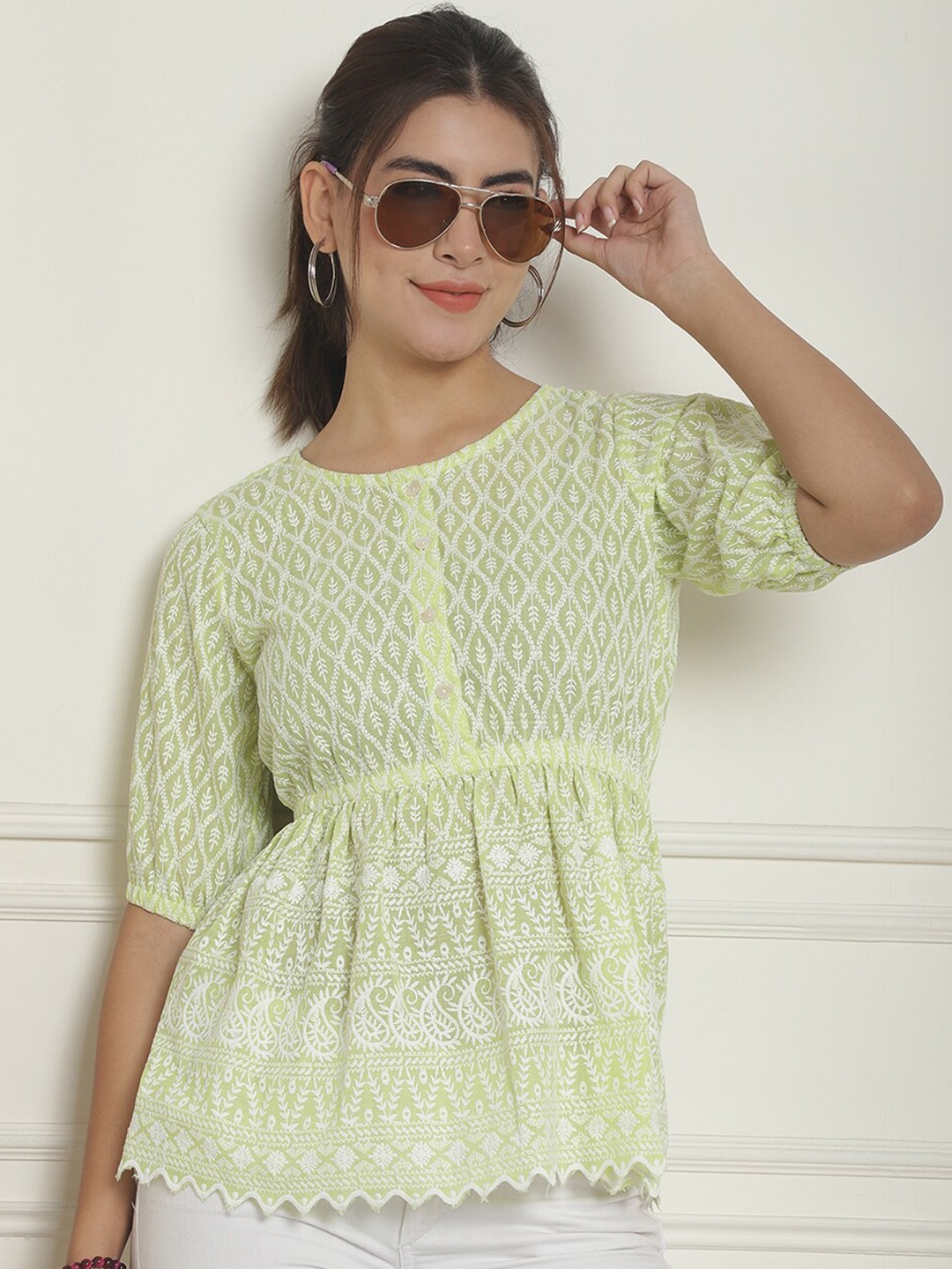Indian Needle Ethnic Motifs Embroidered Chikankari Pure Cotton Cinched Waist Top, Green
Indian Needle Ethnic Motifs Embroidered Chikankari Pure Cotton Cinched Waist Top, Green