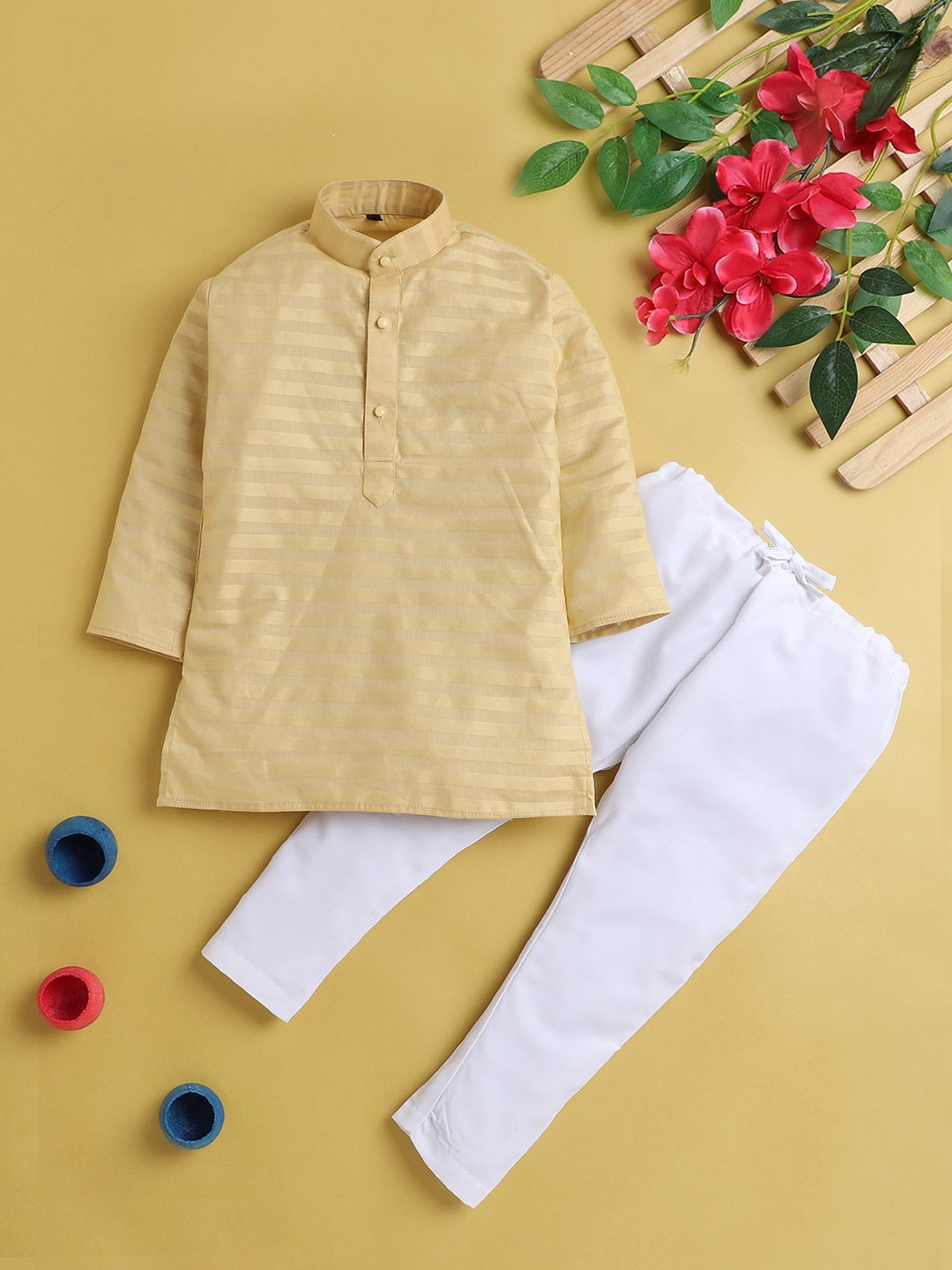 BAESD Boys Mandarin Collar Striped Woven Design Kurta With Pyjama, Beige