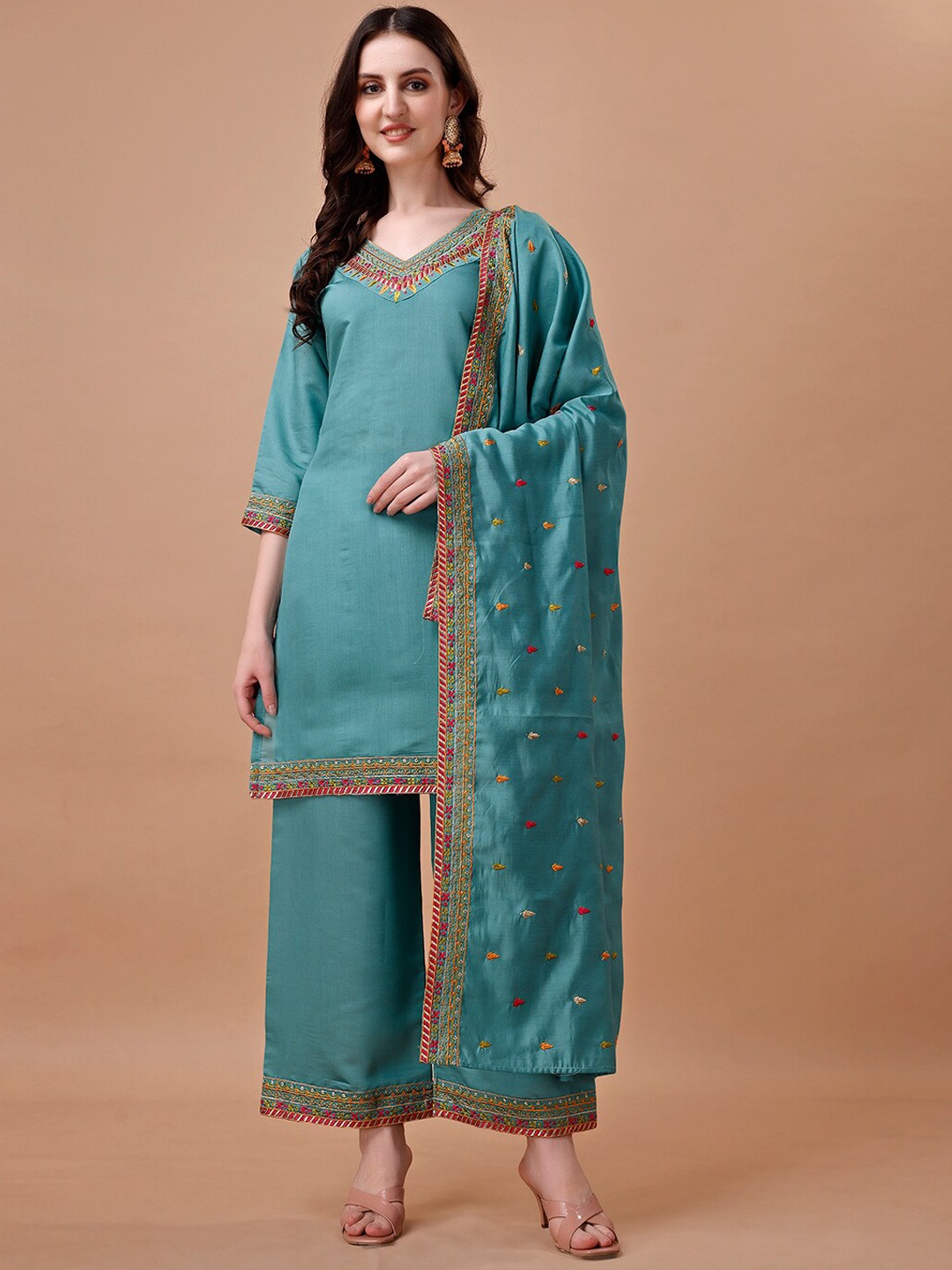 KALINI Ethnic Motifs Zari Embroidered V-Neck Straight Kurta With Palazzos & Dupatta, Turquoise blue
KALINI Ethnic Motifs Zari Embroidered V-Neck Straight Kurta With Palazzos & Dupatta, Turquoise blue