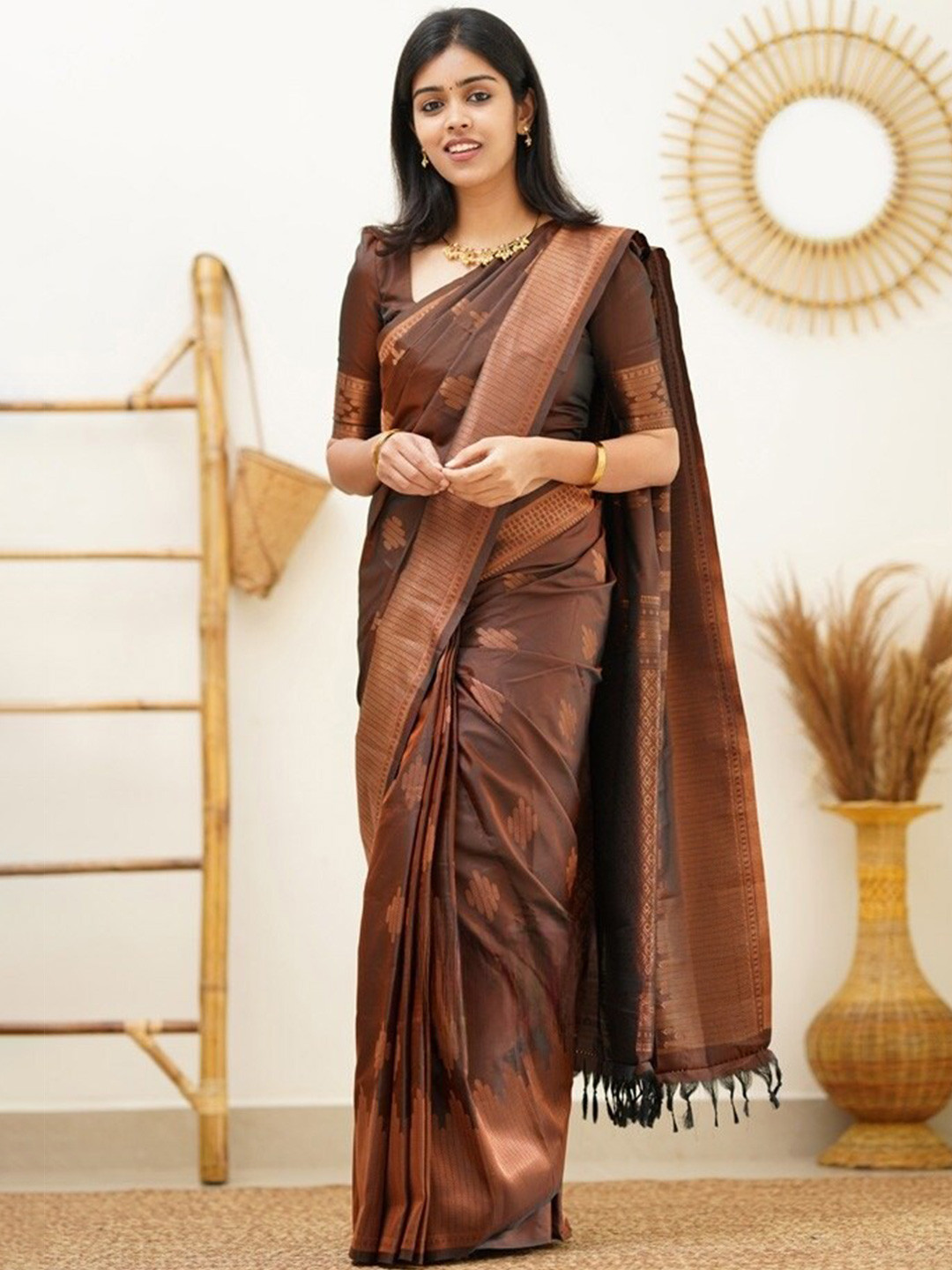 Naishu Trendz Ethnic Motifs Woven Design Zari Pure Silk Kanjeevaram Saree, Coffee brown
Naishu Trendz Ethnic Motifs Woven Design Zari Pure Silk Kanjeevaram Saree, Coffee brown