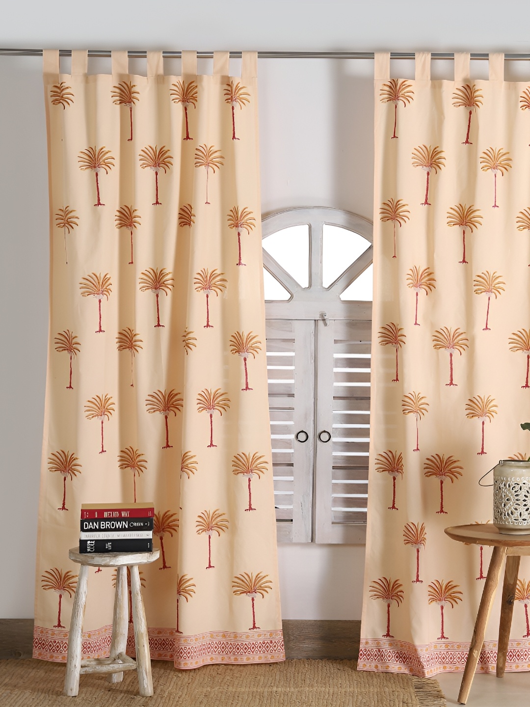 TARAN LIVING Peach & Red 2 Pieces Printed Cotton Black Out Window Curtains
