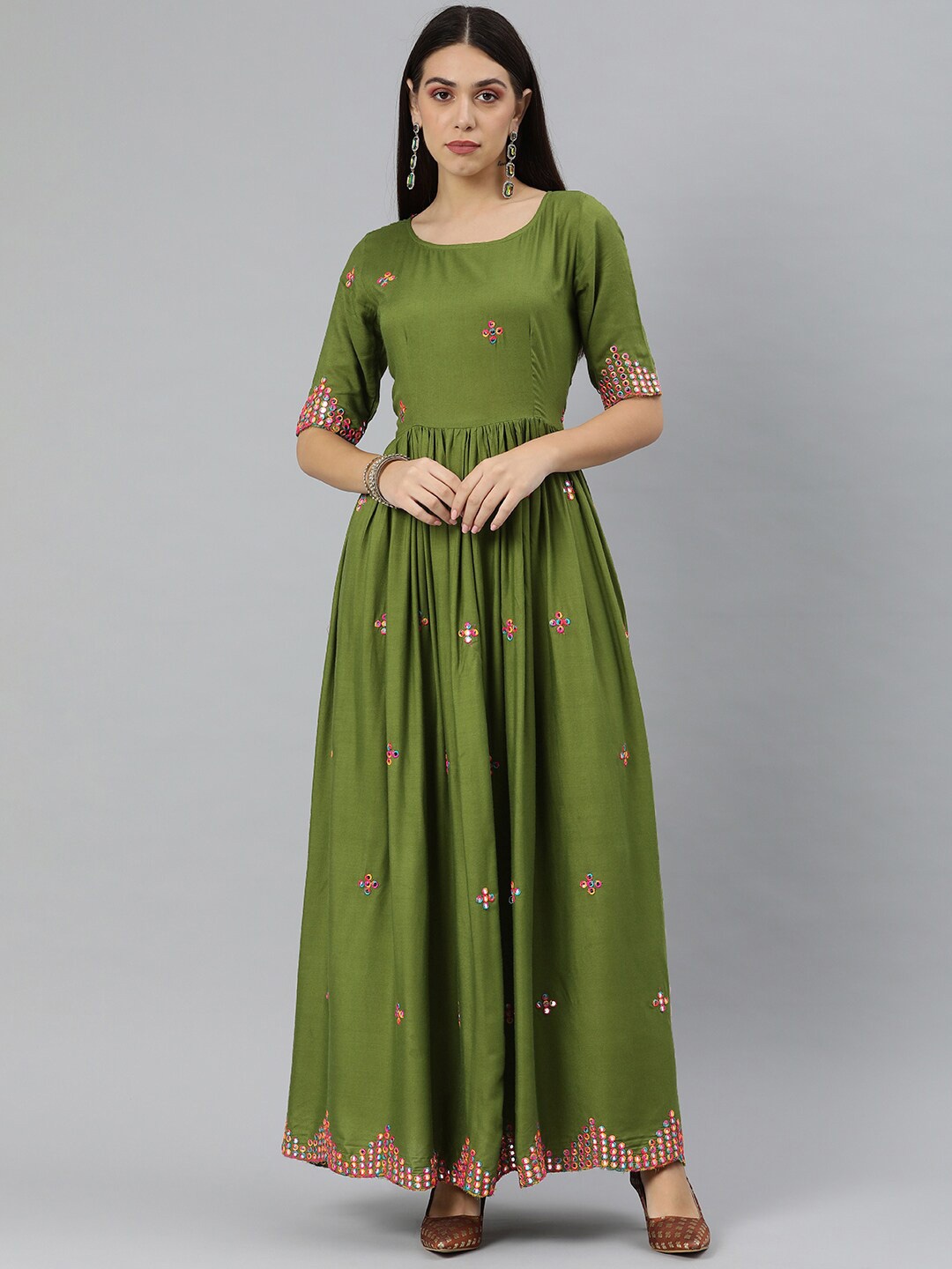 Swishchick Embroidered Round Neck Short Sleeves Mirror work fit & flare dress, Green
Swishchick Embroidered Round Neck Short Sleeves Mirror work fit & flare dress, Green