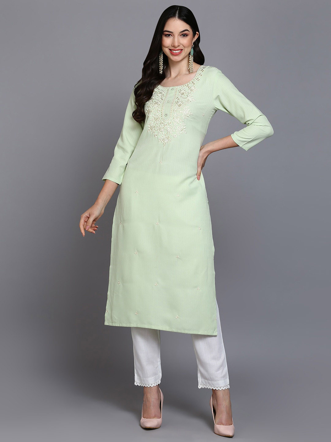 KALINI Floral Yoke Design Thread Work Straight Kurta, Lime green
KALINI Floral Yoke Design Thread Work Straight Kurta, Lime green