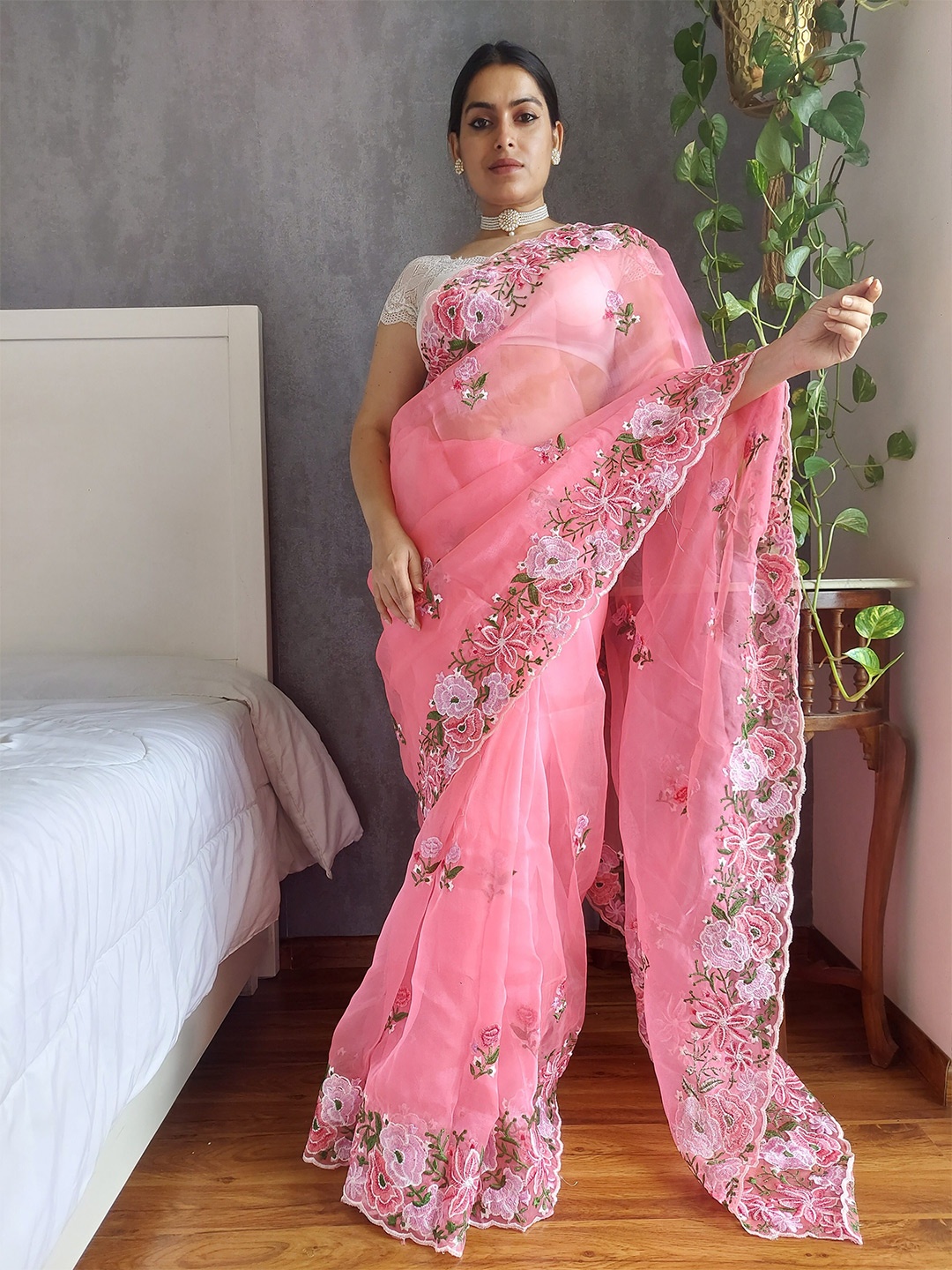 Munir Floral Embroidered Organza Saree, Pink