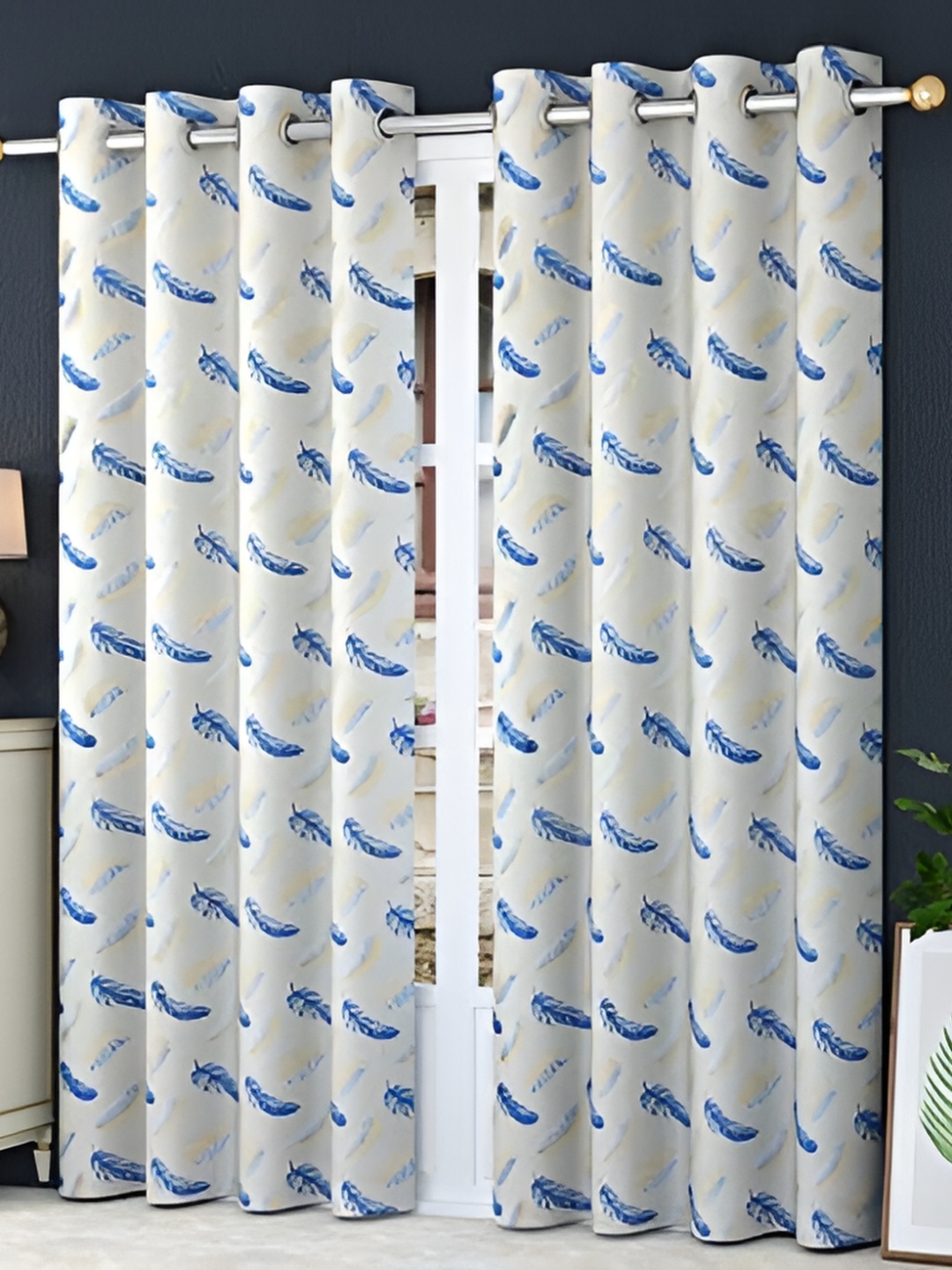 HOMECRUST Blue & White 2 Pieces Floral Room Darkening Door Curtain