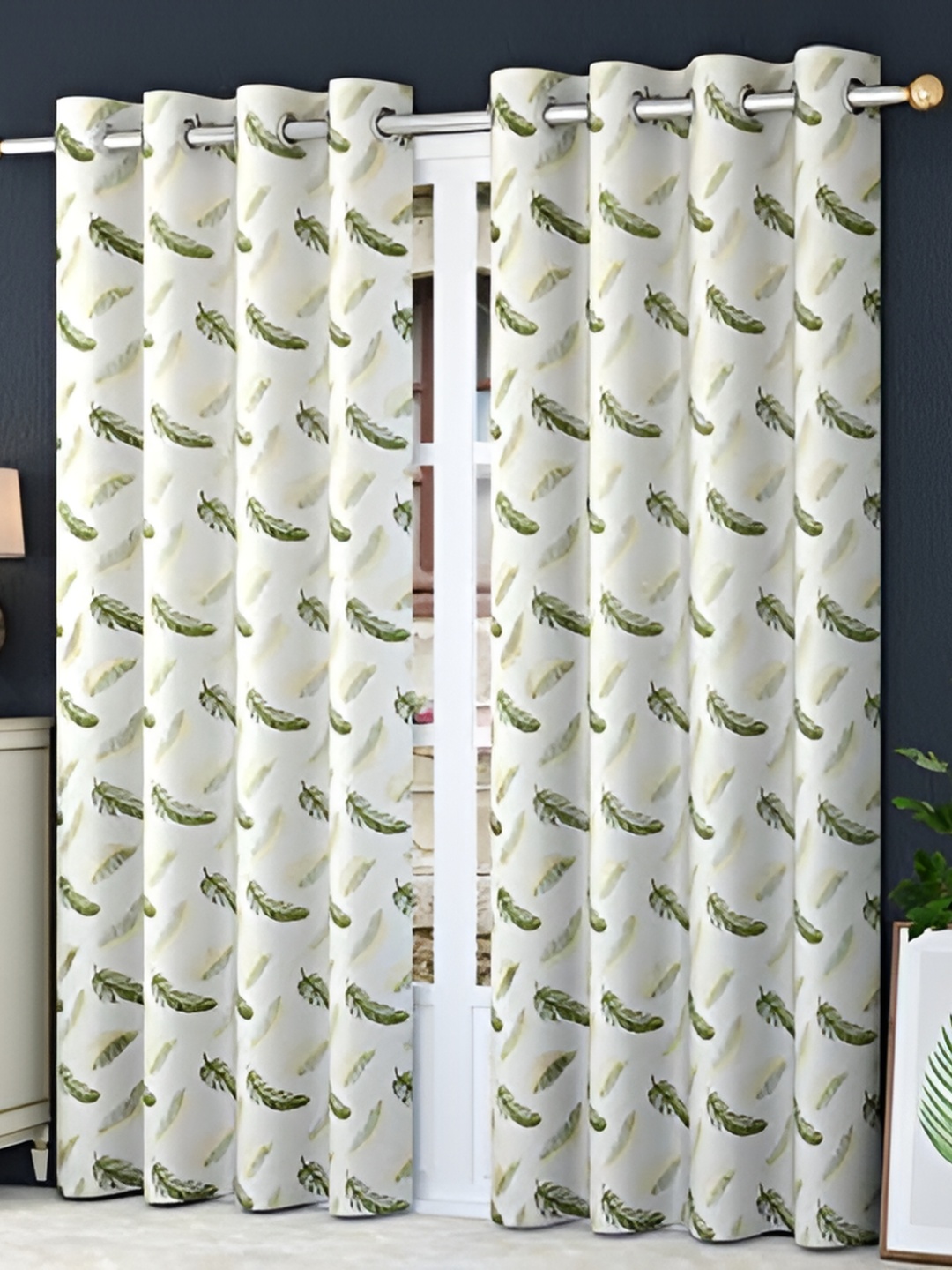 HOMECRUST Green & White 2 Pieces Floral Room Darkening Door Curtain
