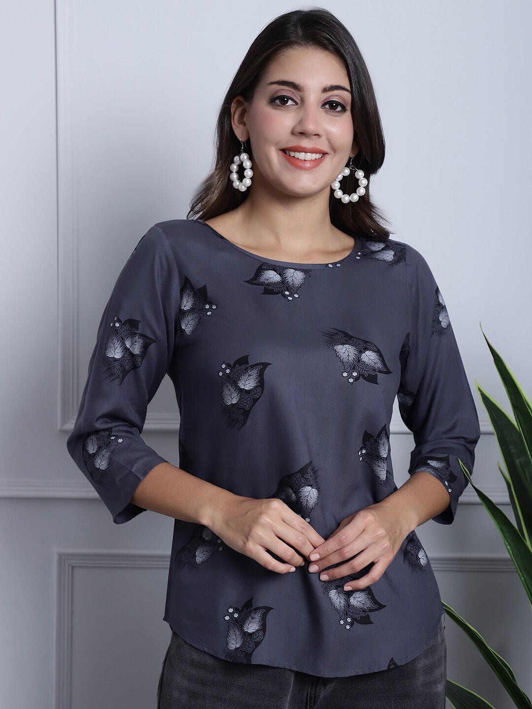 Grancy Floral Printed Cotton Top, Grey