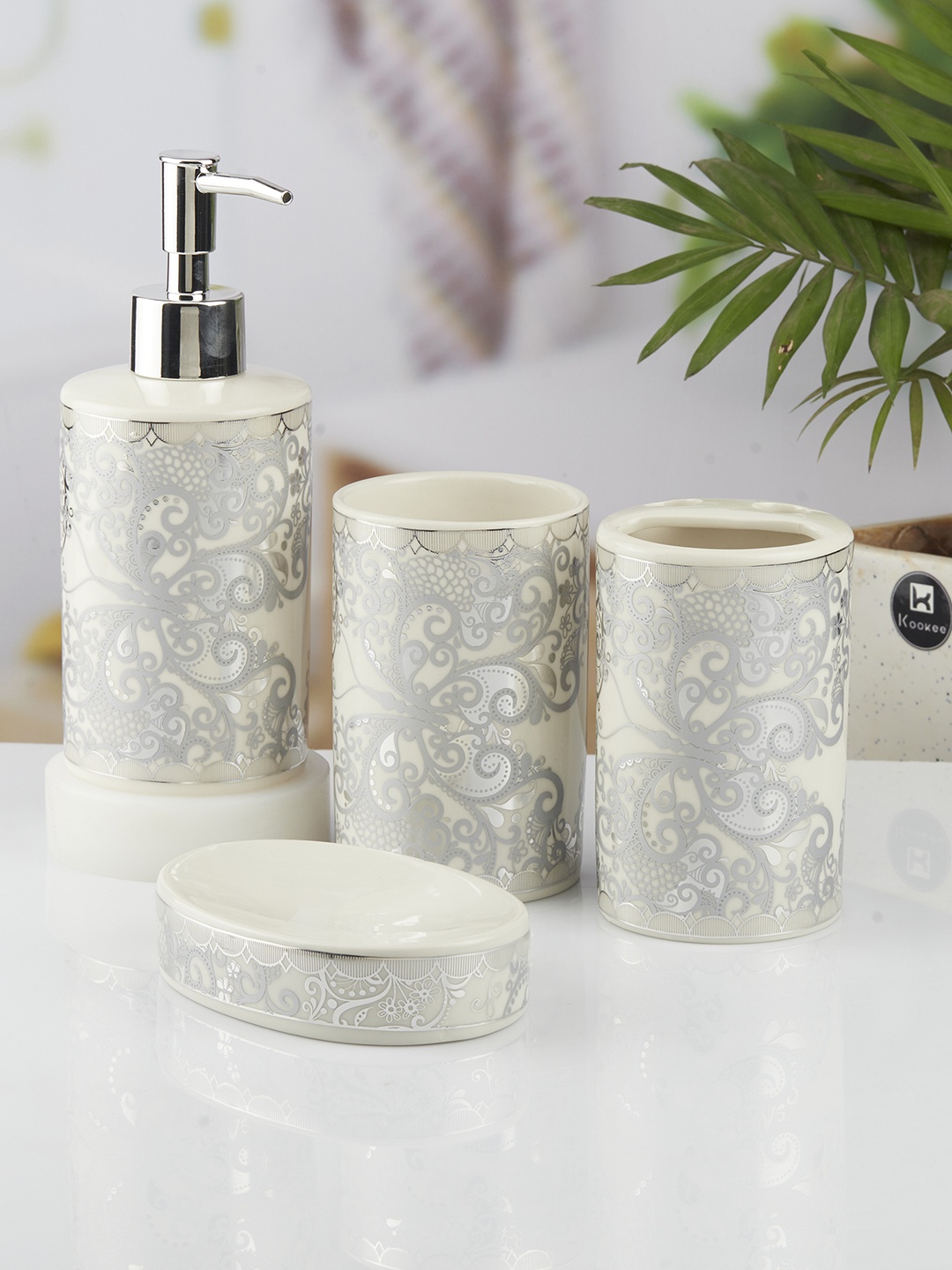 Kookee Silver-Toned & White 4 Piece Floral Printed Ceramic Bath Accessories Set
Kookee Silver-Toned & White 4 Piece Floral Printed Ceramic Bath Accessories Set