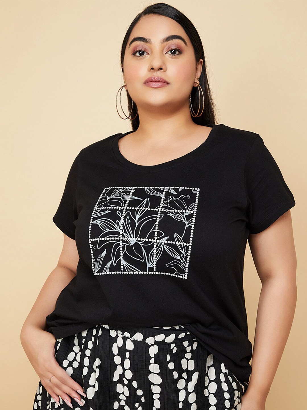 max Plus Size Floral Printed Pure Cotton T-shirt, Black