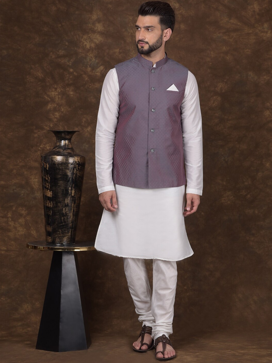 DEYANN Geometric Woven Design Mandarin Collar Straight Kurta with Churidar & Nehru Jacket, Purple
DEYANN Geometric Woven Design Mandarin Collar Straight Kurta with Churidar & Nehru Jacket, Purple