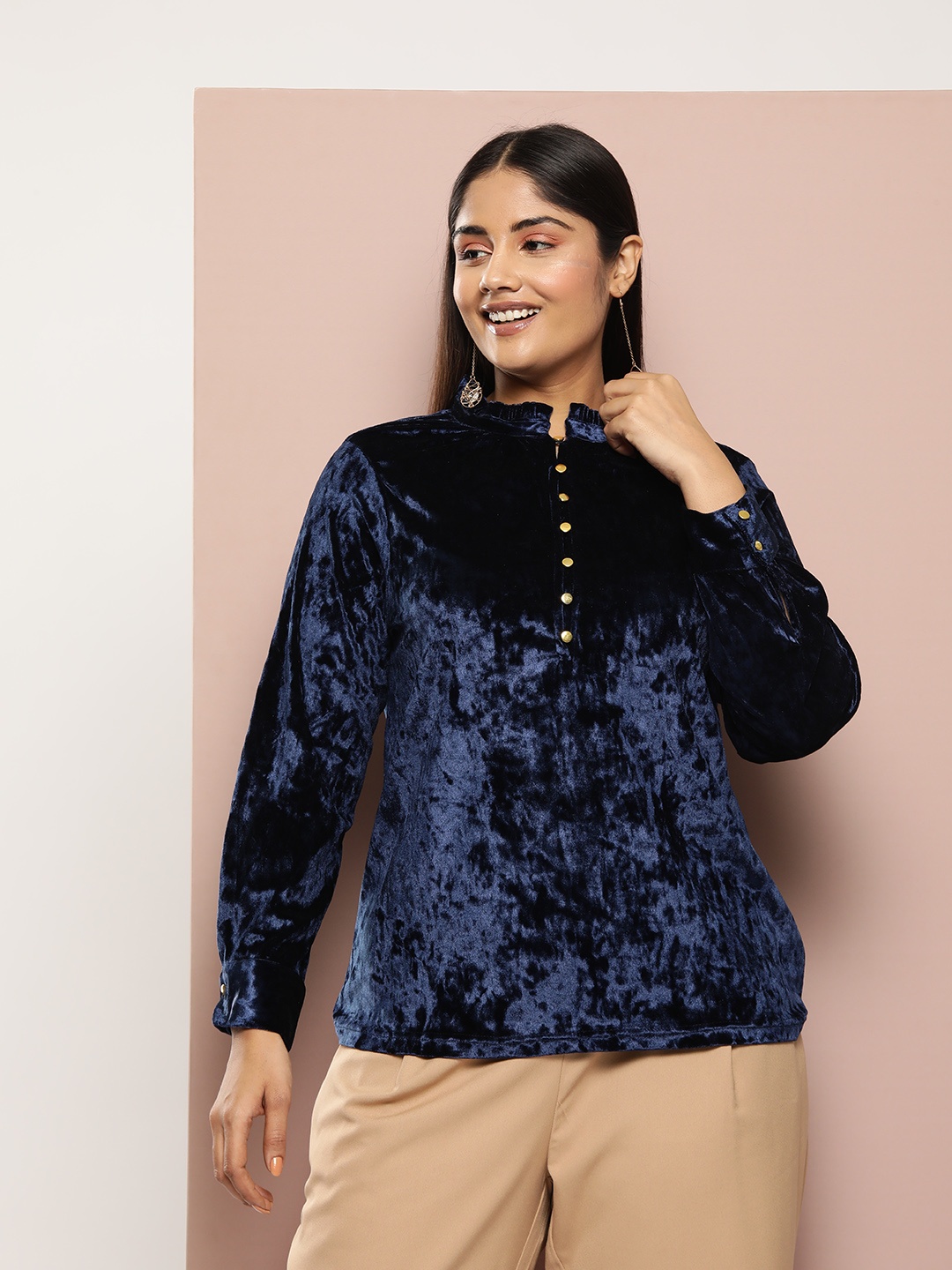 Sztori Plus Size Solid Mandarin Collar Velvet Top, Navy blue