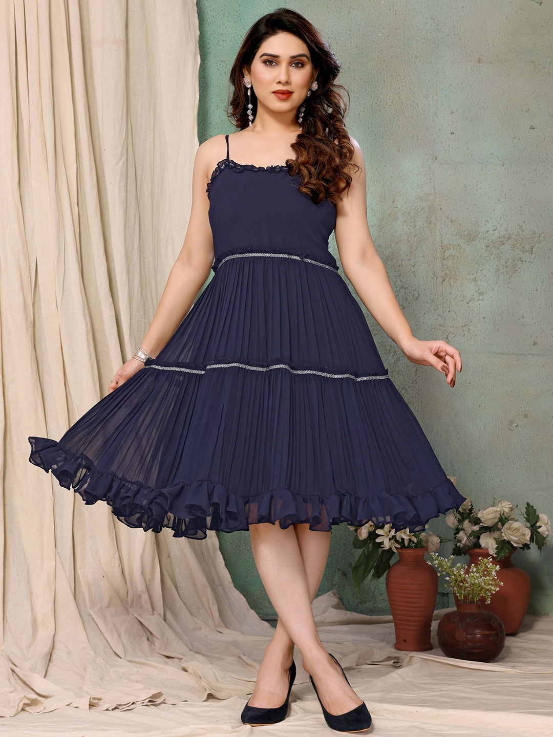 Titanium Silk Industries Shoulder Straps Ruffled Tiered Georgette Fit & Flare Dress, Navy blue
Titanium Silk Industries Shoulder Straps Ruffled Tiered Georgette Fit & Flare Dress, Navy blue