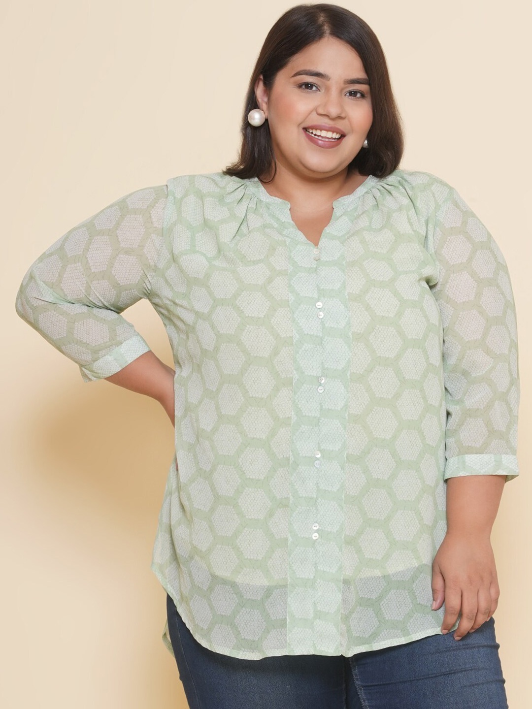 Kiaahvi by JOHN PRIDE Plus Size Print Band Collar Georgette Shirt Style Top, Green
Kiaahvi by JOHN PRIDE Plus Size Print Band Collar Georgette Shirt Style Top, Green