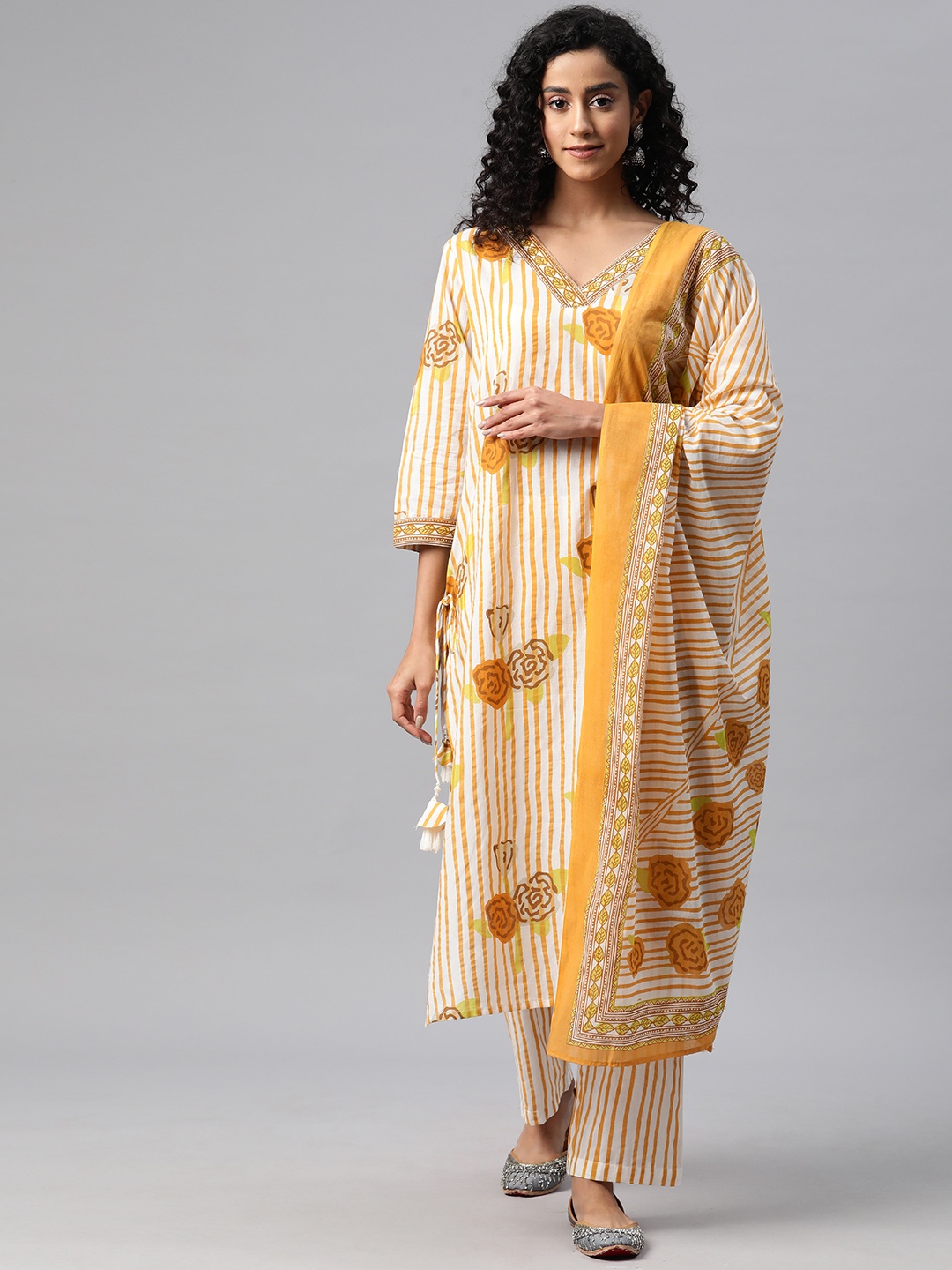 Readiprint Women Striped Sequinned Pure Cotton Kurta with Palazzos & With Dupatta, Mustard
Readiprint Women Striped Sequinned Pure Cotton Kurta with Palazzos & With Dupatta, Mustard