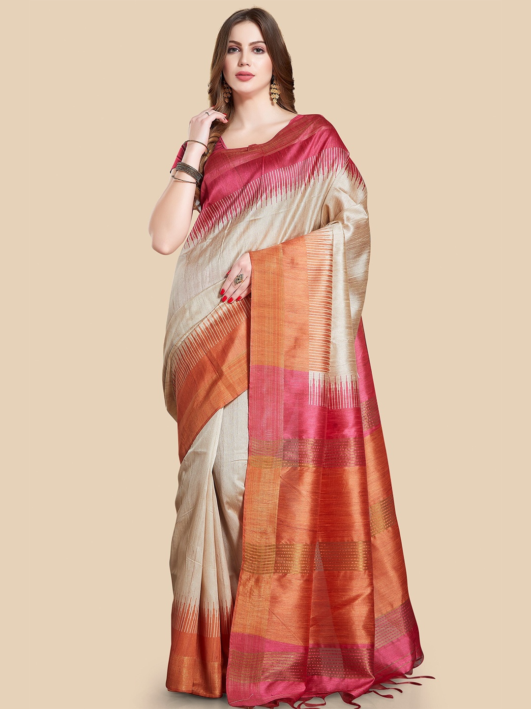 Rani Saahiba Geometric Printed Art Silk Bhagalpuri Saree, Beige