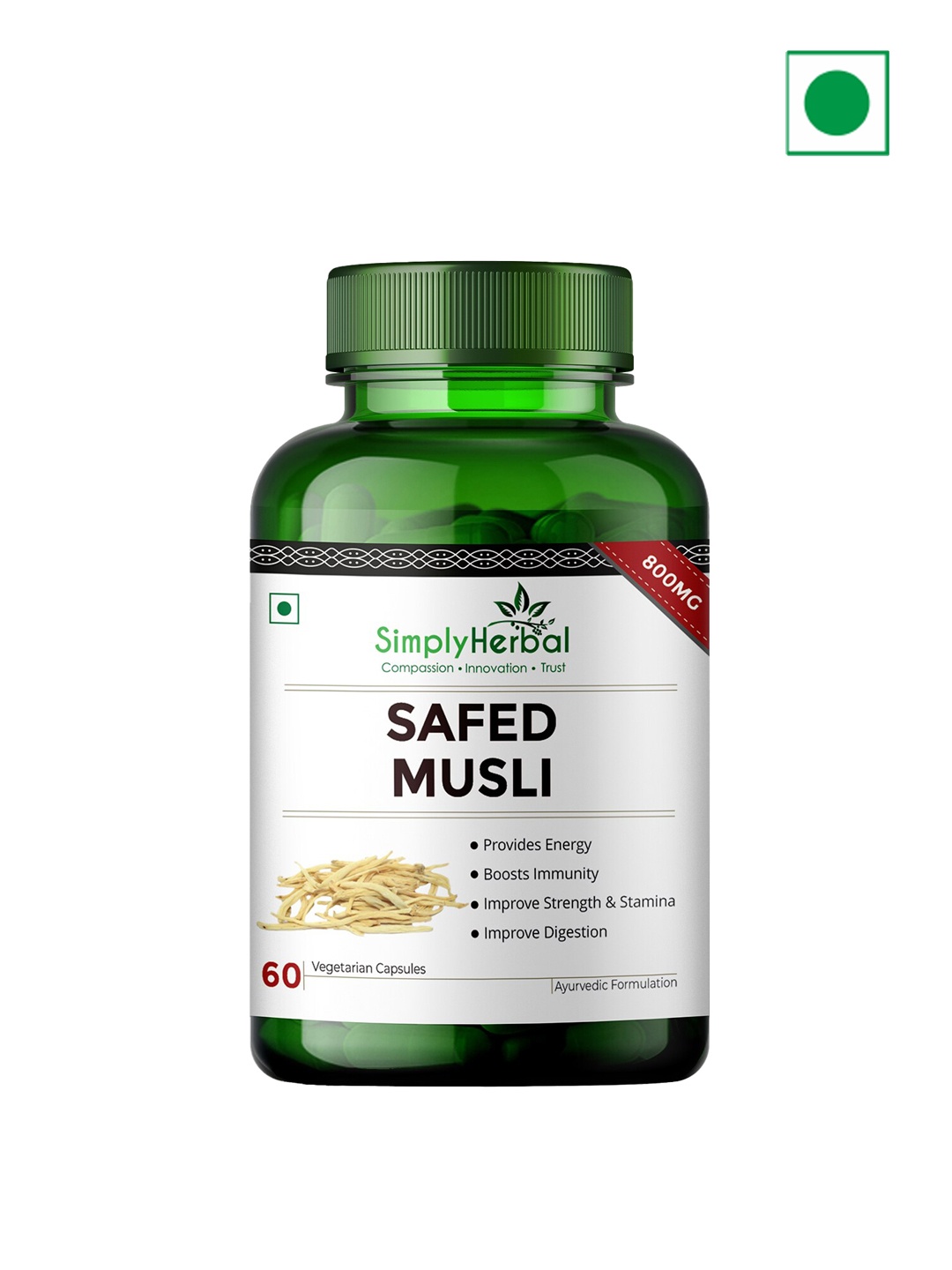 Simply Herbal Extremely Potent 800mg Safed Musli Extract Capsules - 60 Capsules, Green
Simply Herbal Extremely Potent 800mg Safed Musli Extract Capsules - 60 Capsules, Green