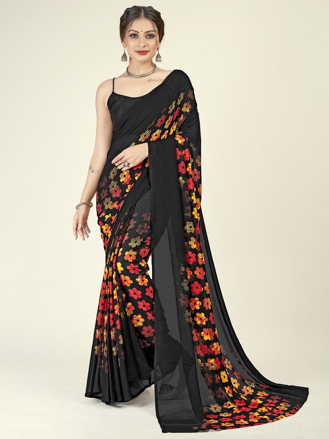ANAND SAREES Floral Printed Saree, Black