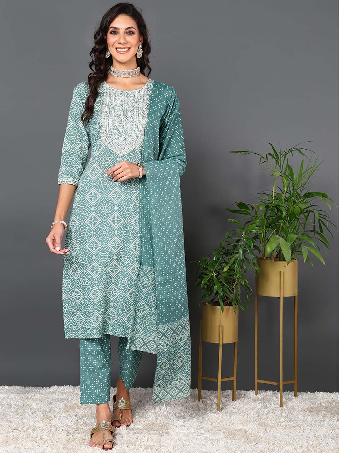 KALINI Women Bandhani Printed Regular Thread Work Pure Cotton Kurta with Trousers & With Dupatta, Green
KALINI Women Bandhani Printed Regular Thread Work Pure Cotton Kurta with Trousers & With Dupatta, Green