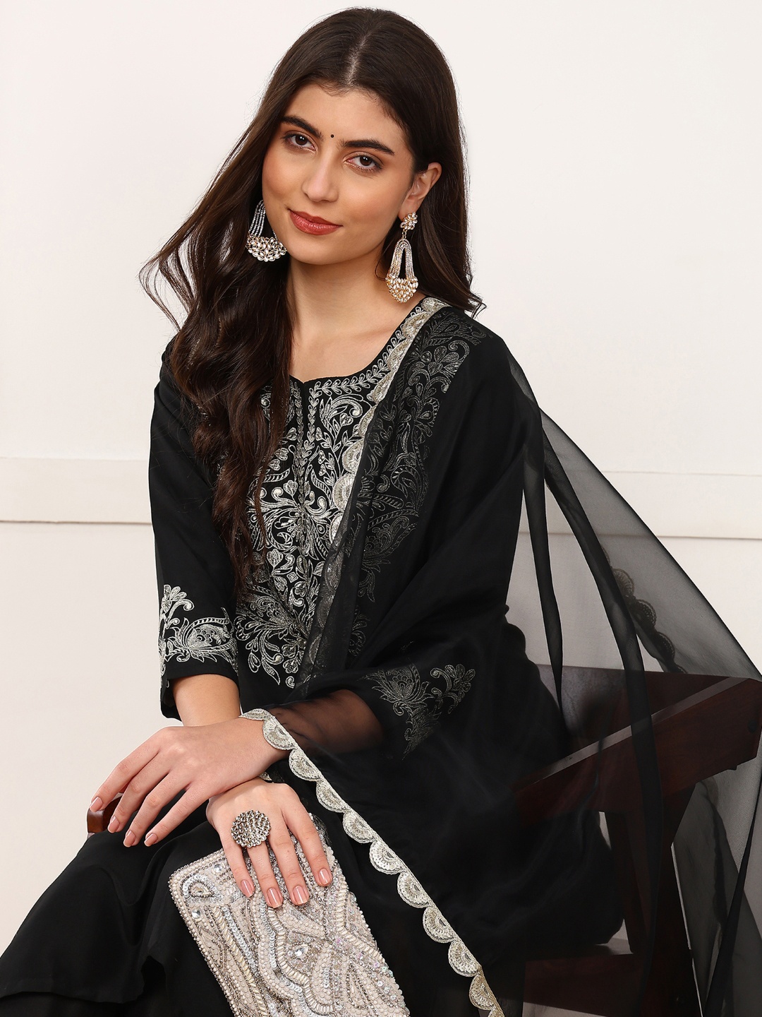 KALINI Floral Yoke Design Thread Work Kurta With Trousers & Dupatta, Black
KALINI Floral Yoke Design Thread Work Kurta With Trousers & Dupatta, Black