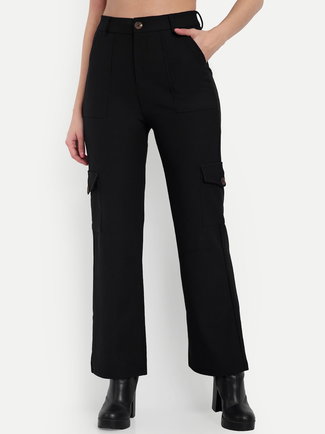BROADSTAR Women Smart Straight Fit High-Rise Easy Wash Corduroy Cargos Trousers, Black
BROADSTAR Women Smart Straight Fit High-Rise Easy Wash Corduroy Cargos Trousers, Black
