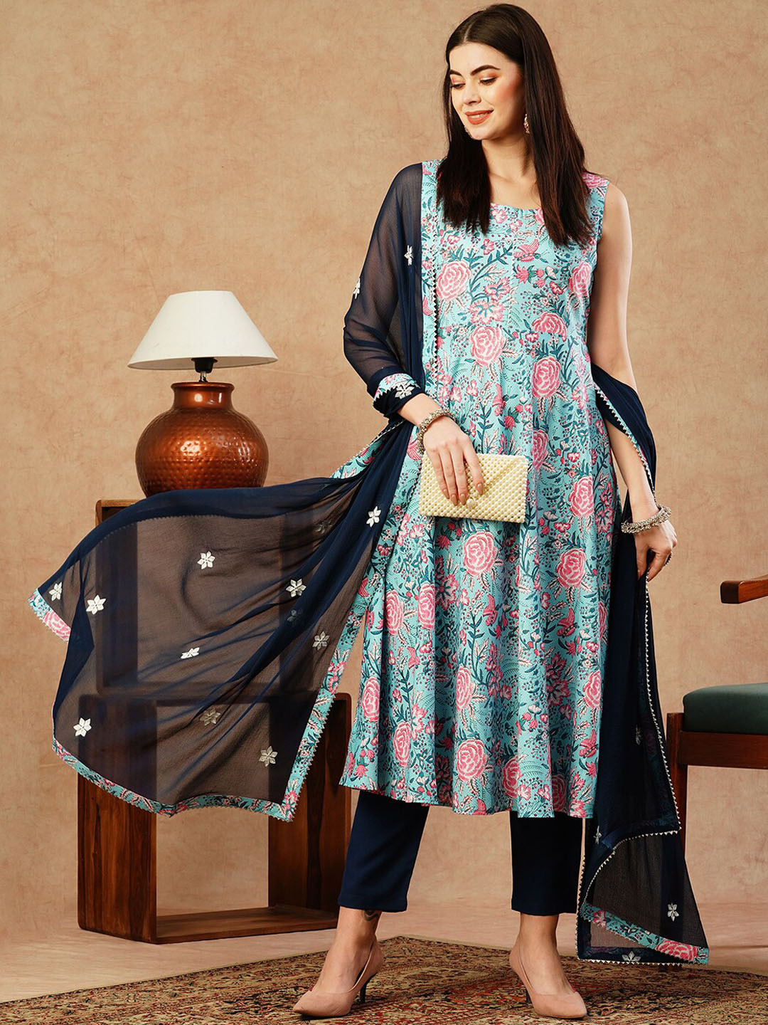 KALINI Floral Printed Regular Gotta Patti Anarkali Kurta With Trousers & Dupatta, Blue
KALINI Floral Printed Regular Gotta Patti Anarkali Kurta With Trousers & Dupatta, Blue