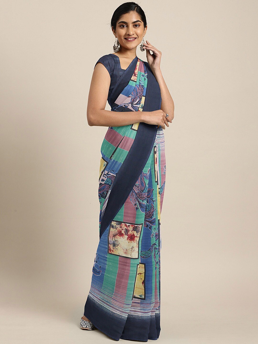 Shaily Abstract Printed Georgette Saree, Blue