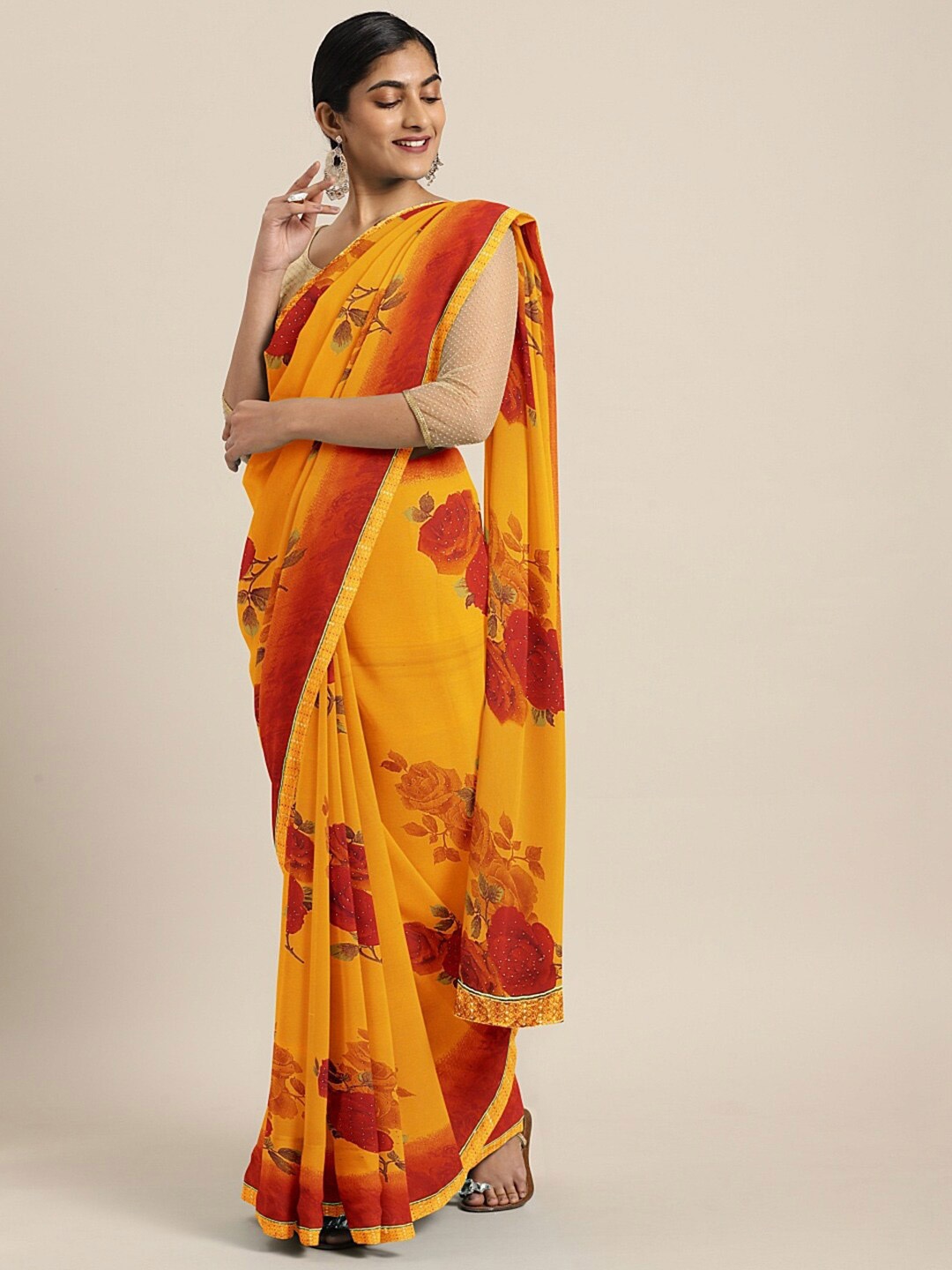KALINI Floral Printed Saree, Yellow