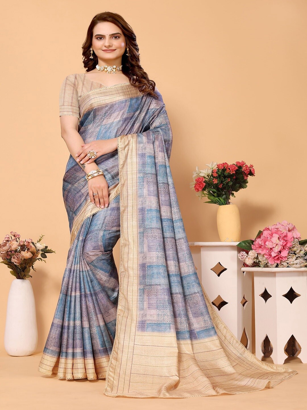 ARYZE Abstract Printed Saree, Blue