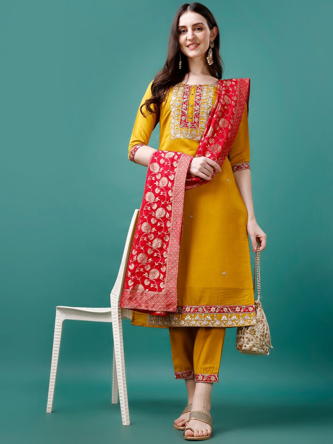Berrylicious Floral Embroidered Regular Chanderi Cotton Kurta with Trousers & Dupatta, Mustard
Berrylicious Floral Embroidered Regular Chanderi Cotton Kurta with Trousers & Dupatta, Mustard