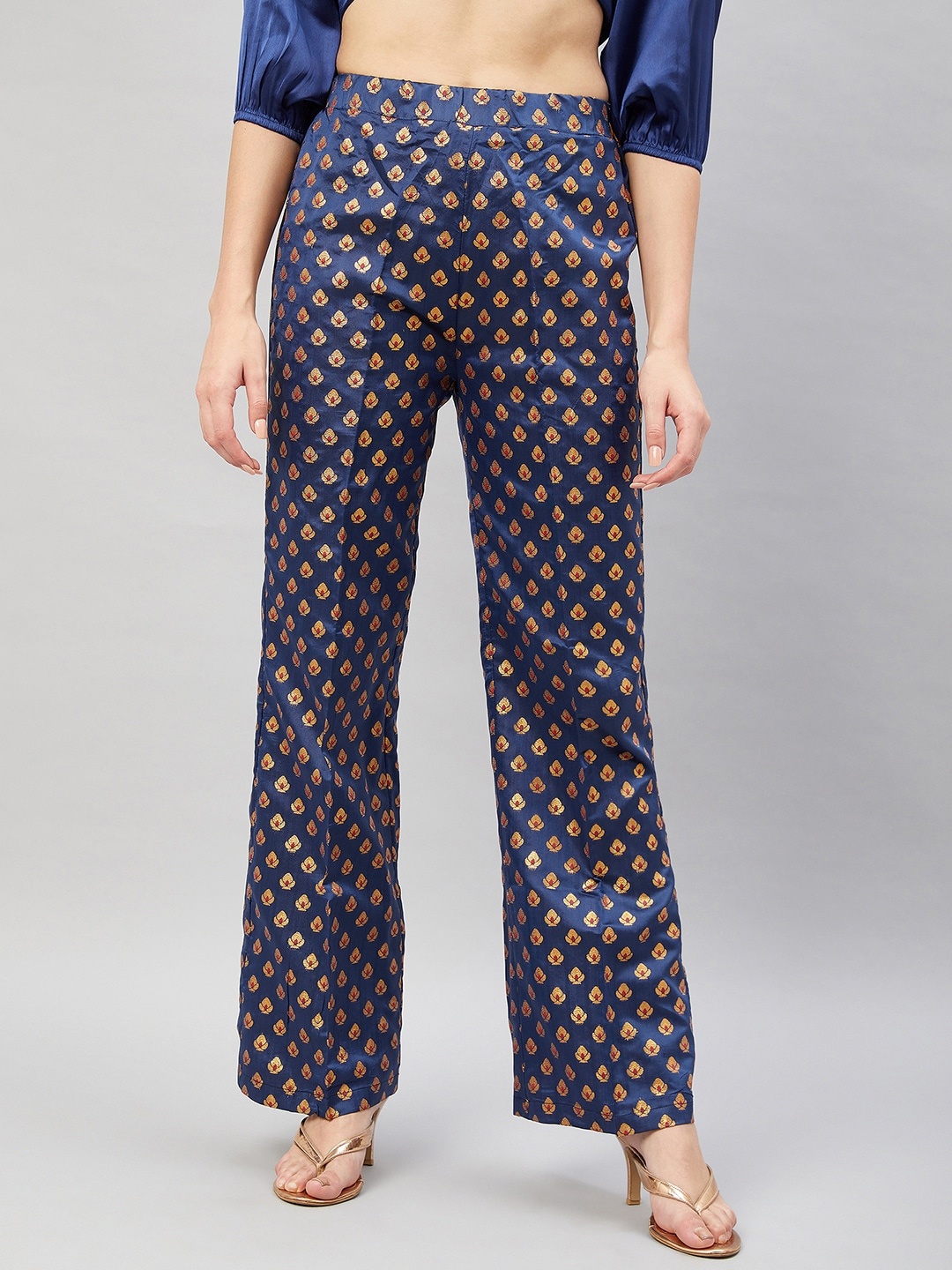 Orchid Blues Women Ethnic Motifs Woven Design Jaquard Flared High-Rise Parallel Trousers, Navy blue
Orchid Blues Women Ethnic Motifs Woven Design Jaquard Flared High-Rise Parallel Trousers, Navy blue