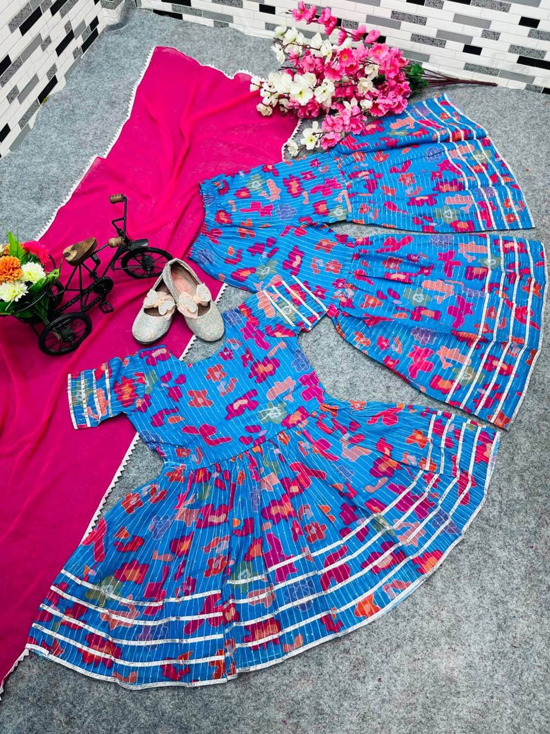 BAESD Girls Floral Printed Round Neck Gotta Patti Kurta With Sharara & Dupatta, Blue
BAESD Girls Floral Printed Round Neck Gotta Patti Kurta With Sharara & Dupatta, Blue
