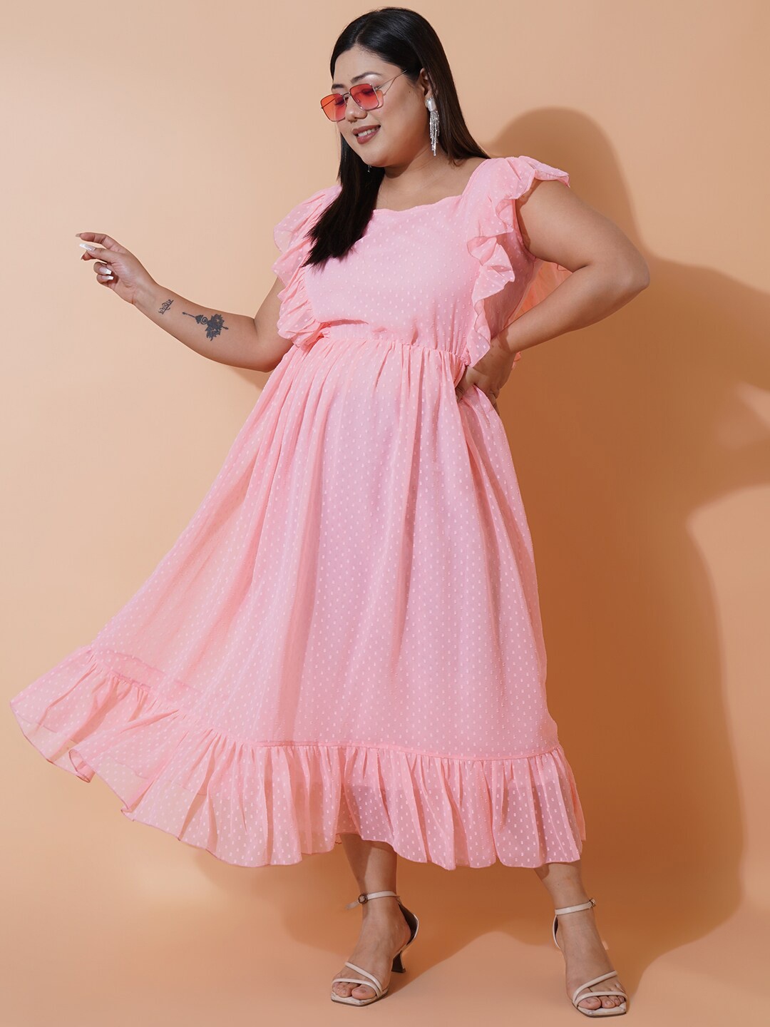 U&F Beyond Plus Size Self Design Square Neck Ruffled Georgette Fit and Flare Midi Dress, Pink
U&F Beyond Plus Size Self Design Square Neck Ruffled Georgette Fit and Flare Midi Dress, Pink