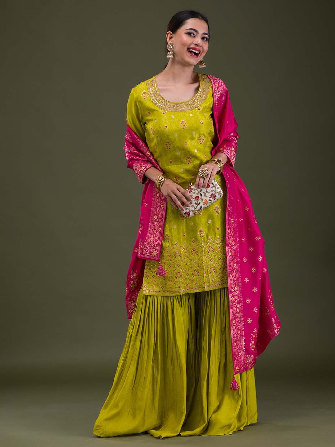 Koskii Women Embroidered Regular Silk Crepe Kurta with Sharara & With Dupatta, Mustard
Koskii Women Embroidered Regular Silk Crepe Kurta with Sharara & With Dupatta, Mustard