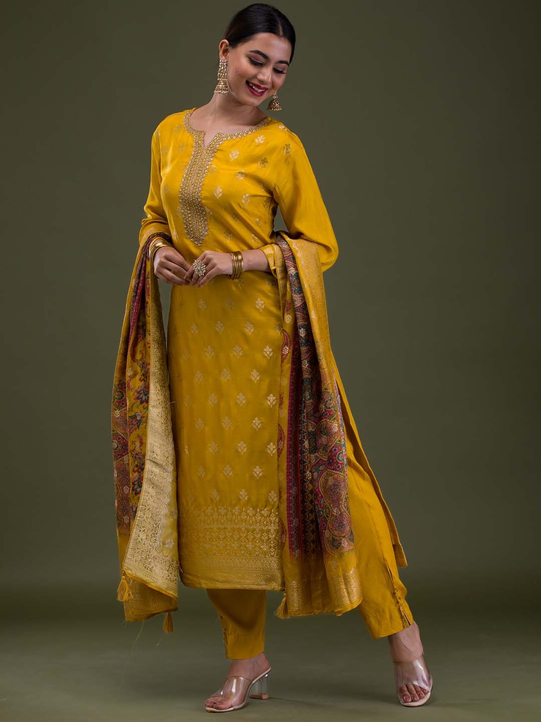 Koskii Women Floral Embroidered Regular Silk Crepe Kurta with Trousers & With Dupatta, Mustard
Koskii Women Floral Embroidered Regular Silk Crepe Kurta with Trousers & With Dupatta, Mustard
