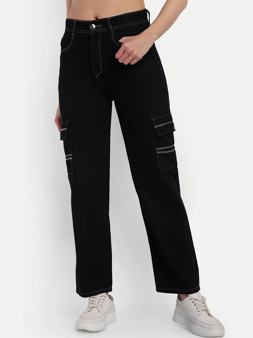 BROADSTAR Women Smart Straight Fit High-Rise Clean Look Cotton Cargo Jeans, Black
BROADSTAR Women Smart Straight Fit High-Rise Clean Look Cotton Cargo Jeans, Black