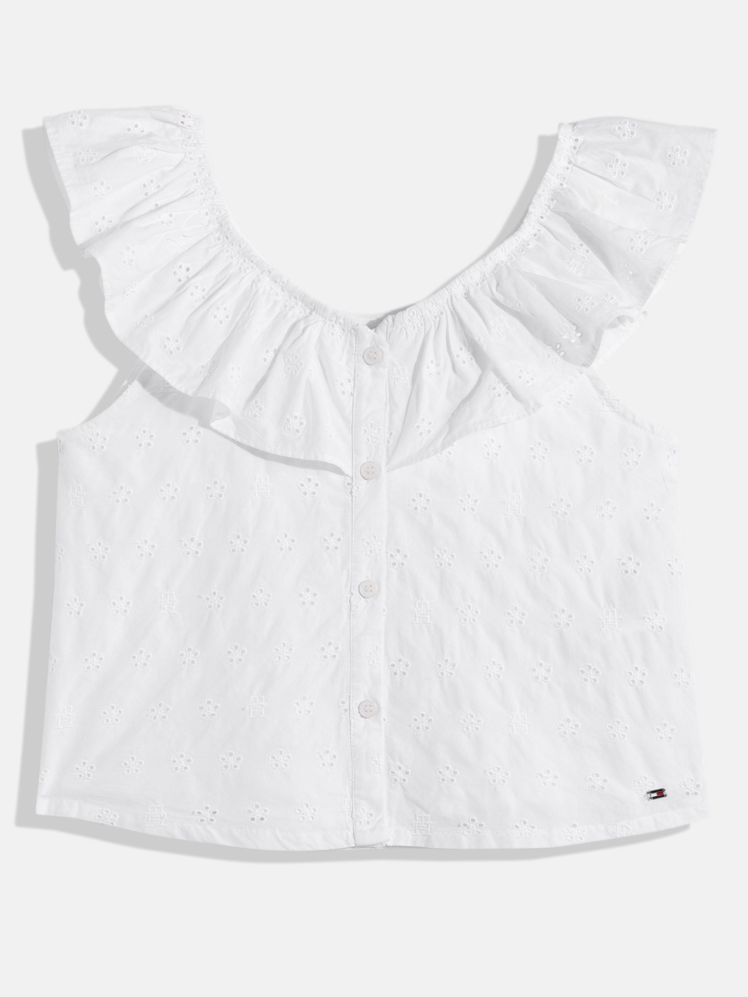 Tommy Hilfiger Girls Floral & Brand Logo Embroidered Cap Sleeves Schiffli Pure Cotton Top, White
Tommy Hilfiger Girls Floral & Brand Logo Embroidered Cap Sleeves Schiffli Pure Cotton Top, White