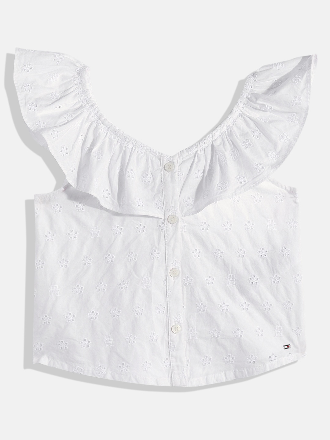 Tommy Hilfiger Girls Floral & Brand Logo Embroidered Cap Sleeves Schiffli Pure Cotton Top, White
Tommy Hilfiger Girls Floral & Brand Logo Embroidered Cap Sleeves Schiffli Pure Cotton Top, White