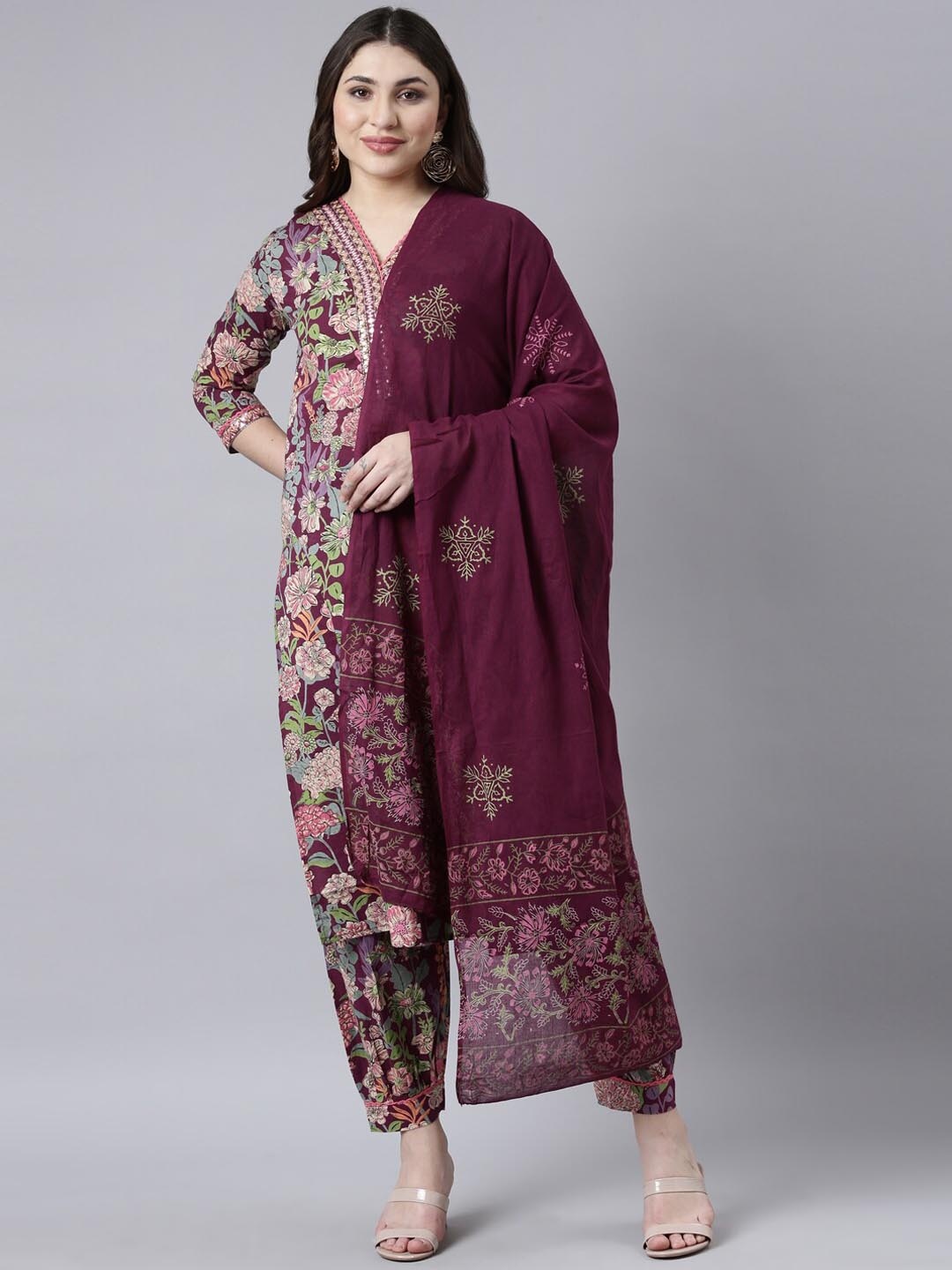 Neerus Women Floral Printed Regular Mirror Work Pure Cotton Kurta with Salwar & With Dupatta, Purple
Neerus Women Floral Printed Regular Mirror Work Pure Cotton Kurta with Salwar & With Dupatta, Purple