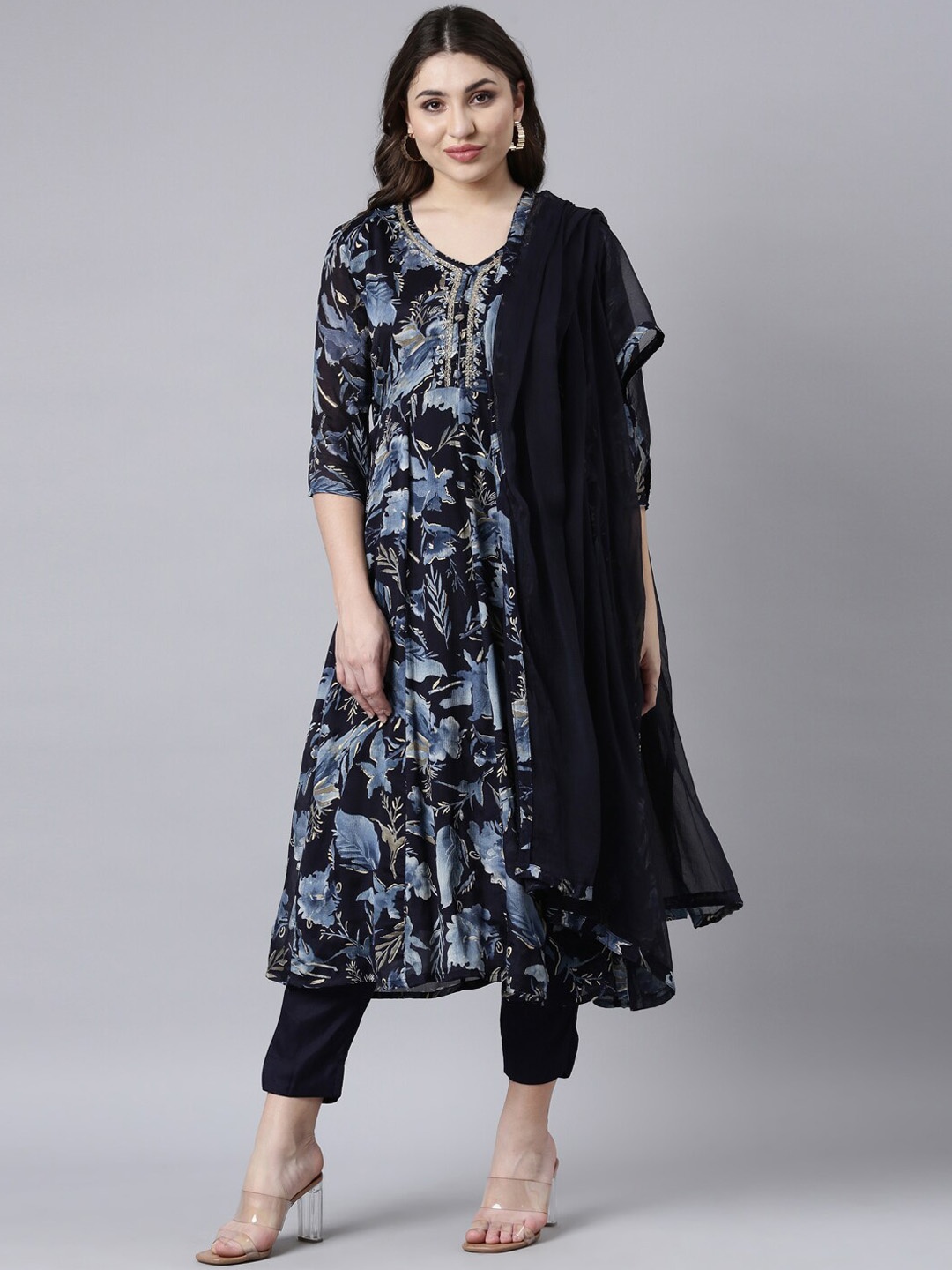 Neerus Women Floral Yoke Design Regular Aari Work Silk Chiffon Kurta with Trousers & With Dupatta, Navy blue
Neerus Women Floral Yoke Design Regular Aari Work Silk Chiffon Kurta with Trousers & With Dupatta, Navy blue