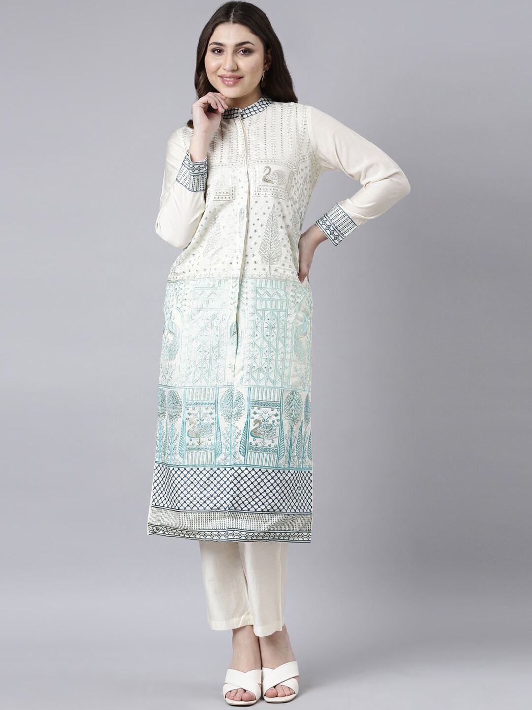 Neerus Ethnic Motifs Embroidered Mandarin Collar Pure Cotton Kurta With Trousers, Cream
Neerus Ethnic Motifs Embroidered Mandarin Collar Pure Cotton Kurta With Trousers, Cream