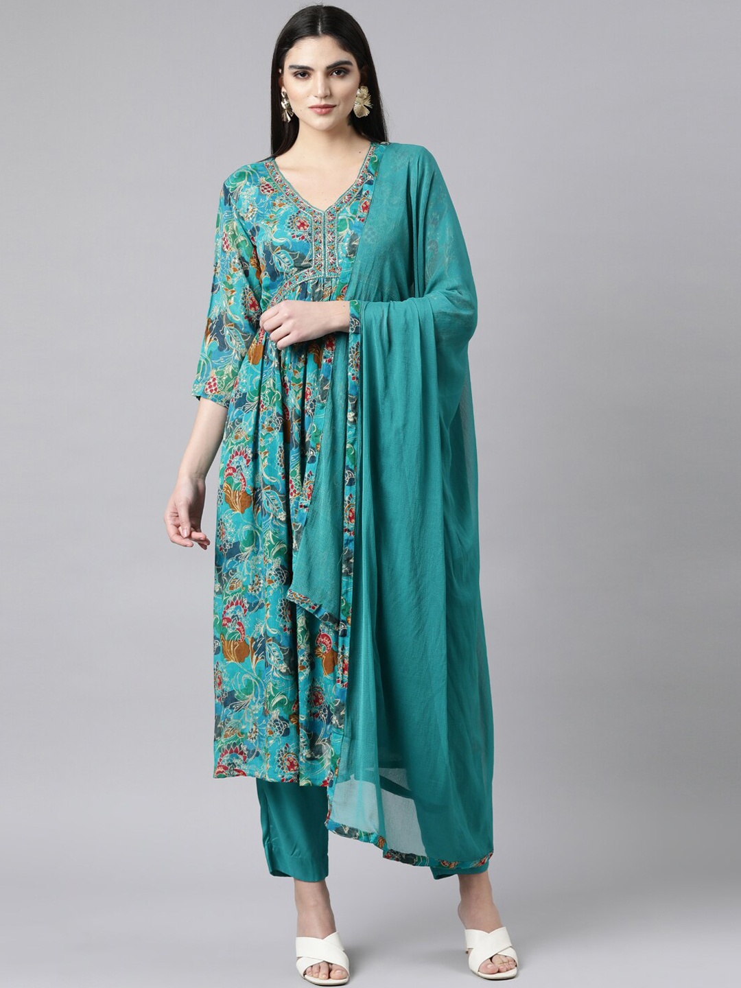 Neerus Women Floral Printed Pleated Aari Work Silk Chiffon Kurta with Trousers & With Dupatta, Sea green
Neerus Women Floral Printed Pleated Aari Work Silk Chiffon Kurta with Trousers & With Dupatta, Sea green